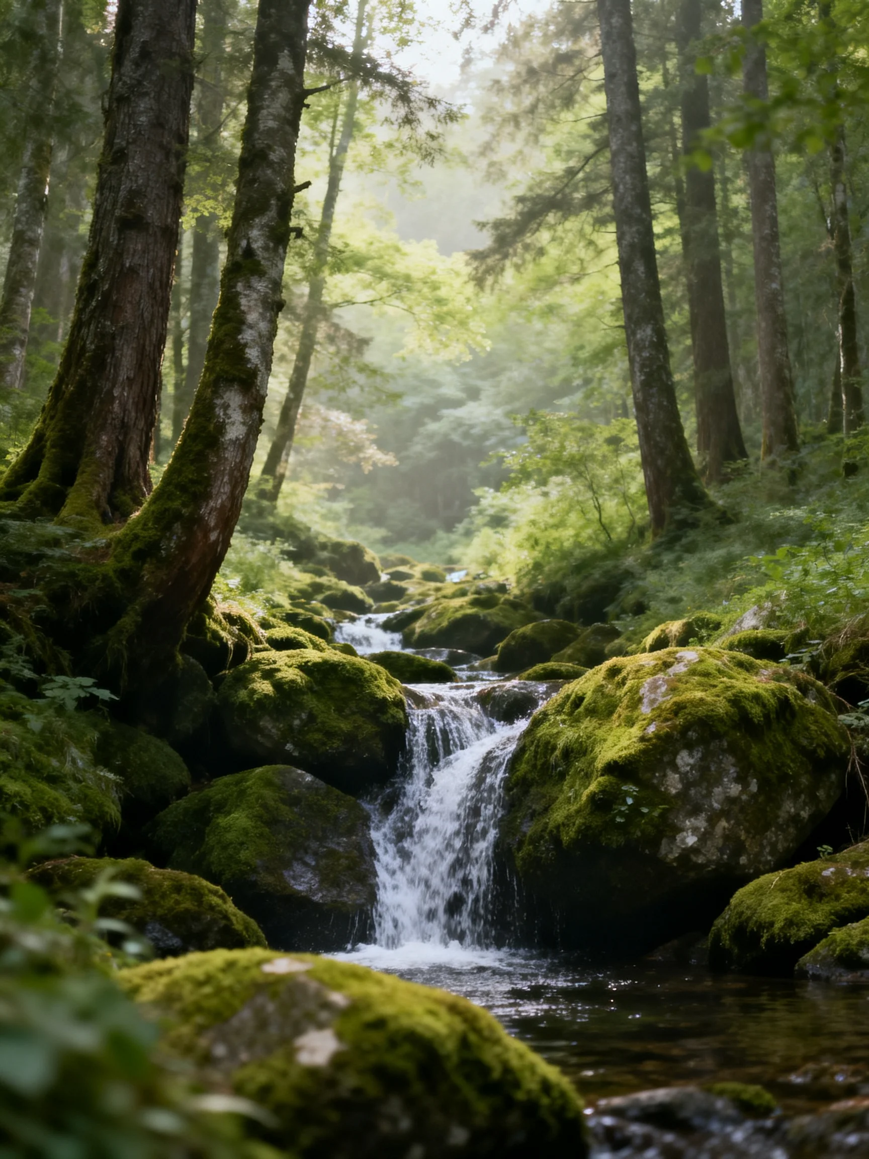 Moss-Covered Rocks Frame a Forest Stream Amid Tall Trees