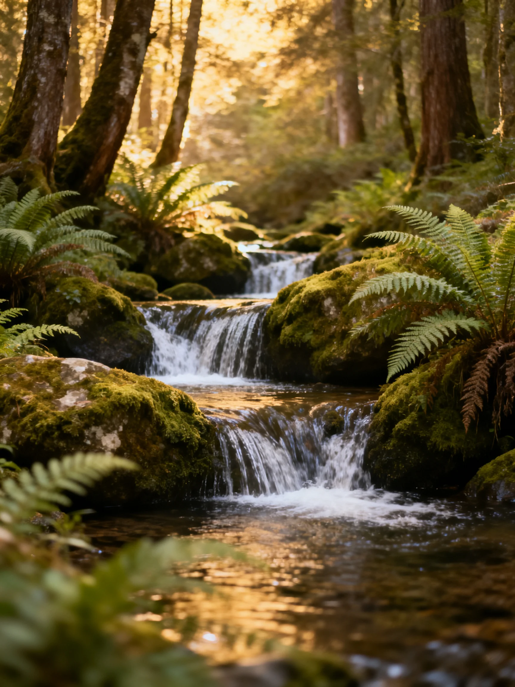 Moss-Covered Rocks Frame a Forest Stream with Ferns Under Golden Light