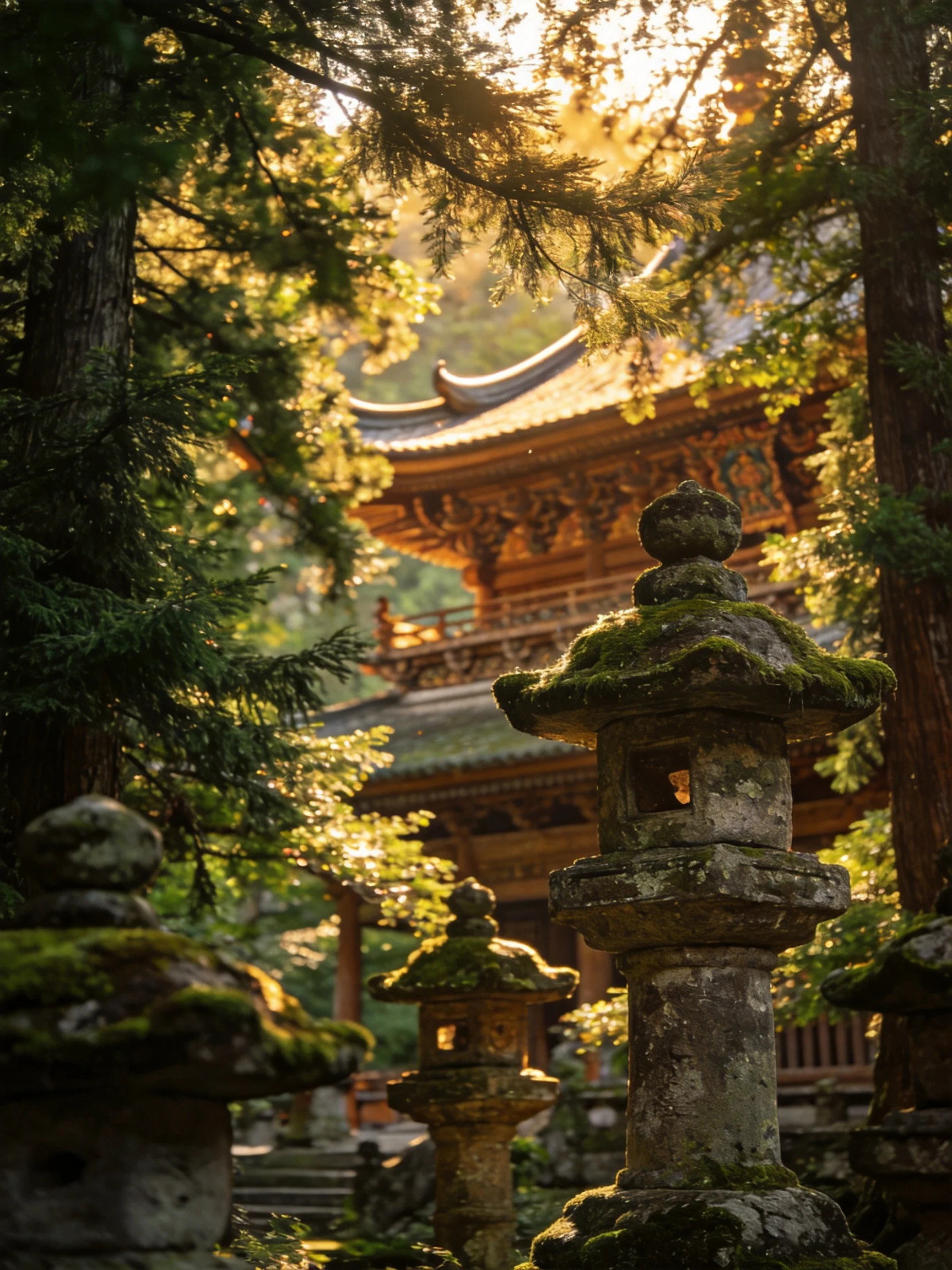 Moss-Covered Stone Lanterns Near an Ancient Golden Temple in a Sun-Dappled Forest