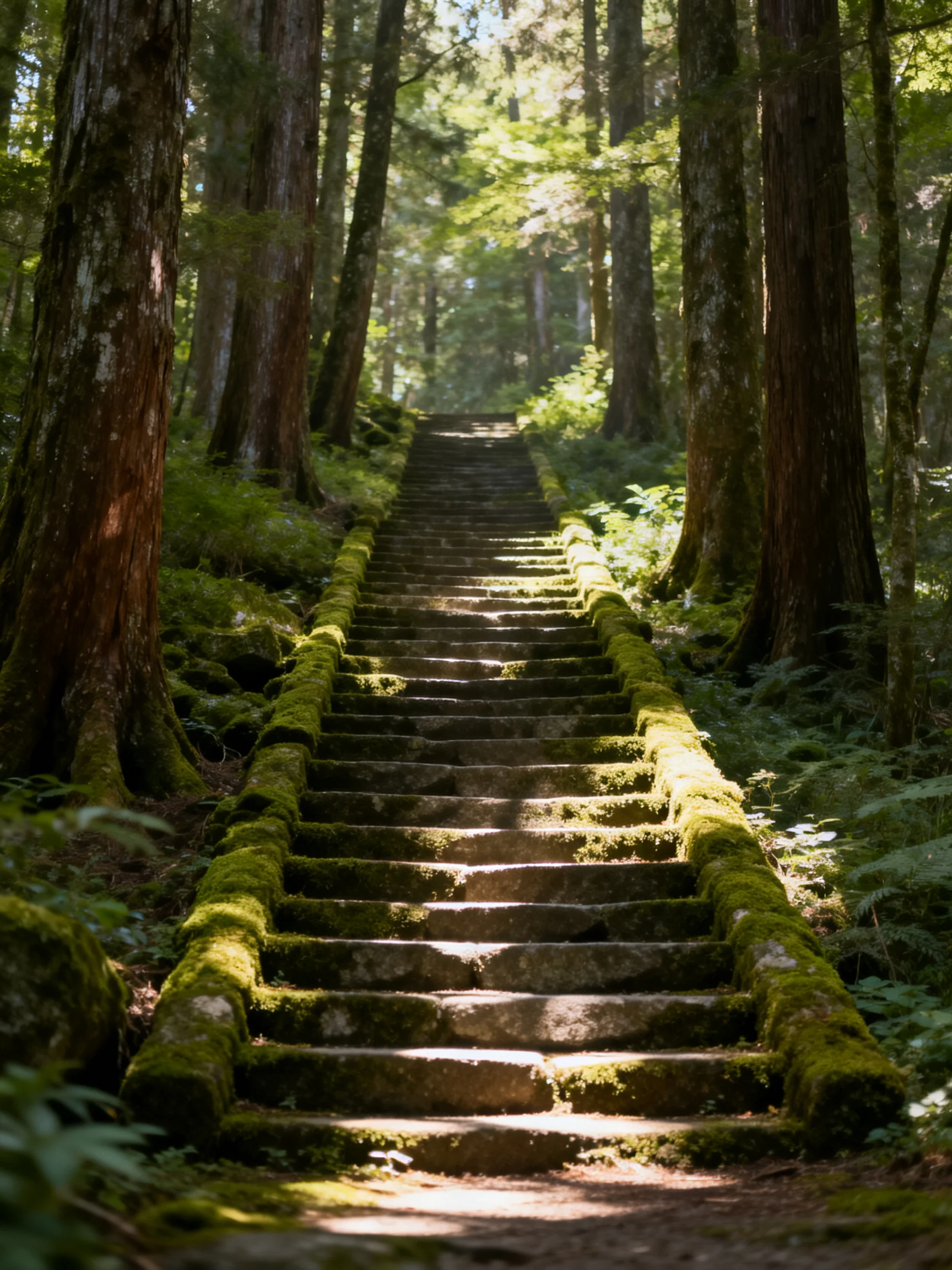 Moss-Covered Stone Stairs Ascending Through Sunlit Forest