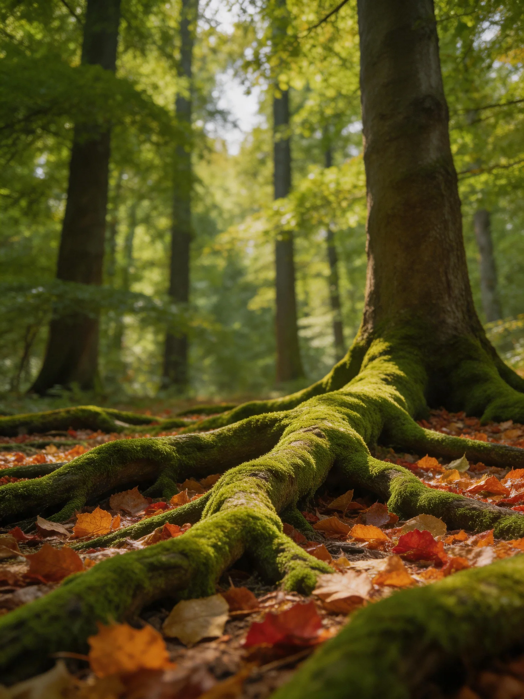 Moss-Covered Tree Roots Among Autumn Leaves in Sunlit Forest