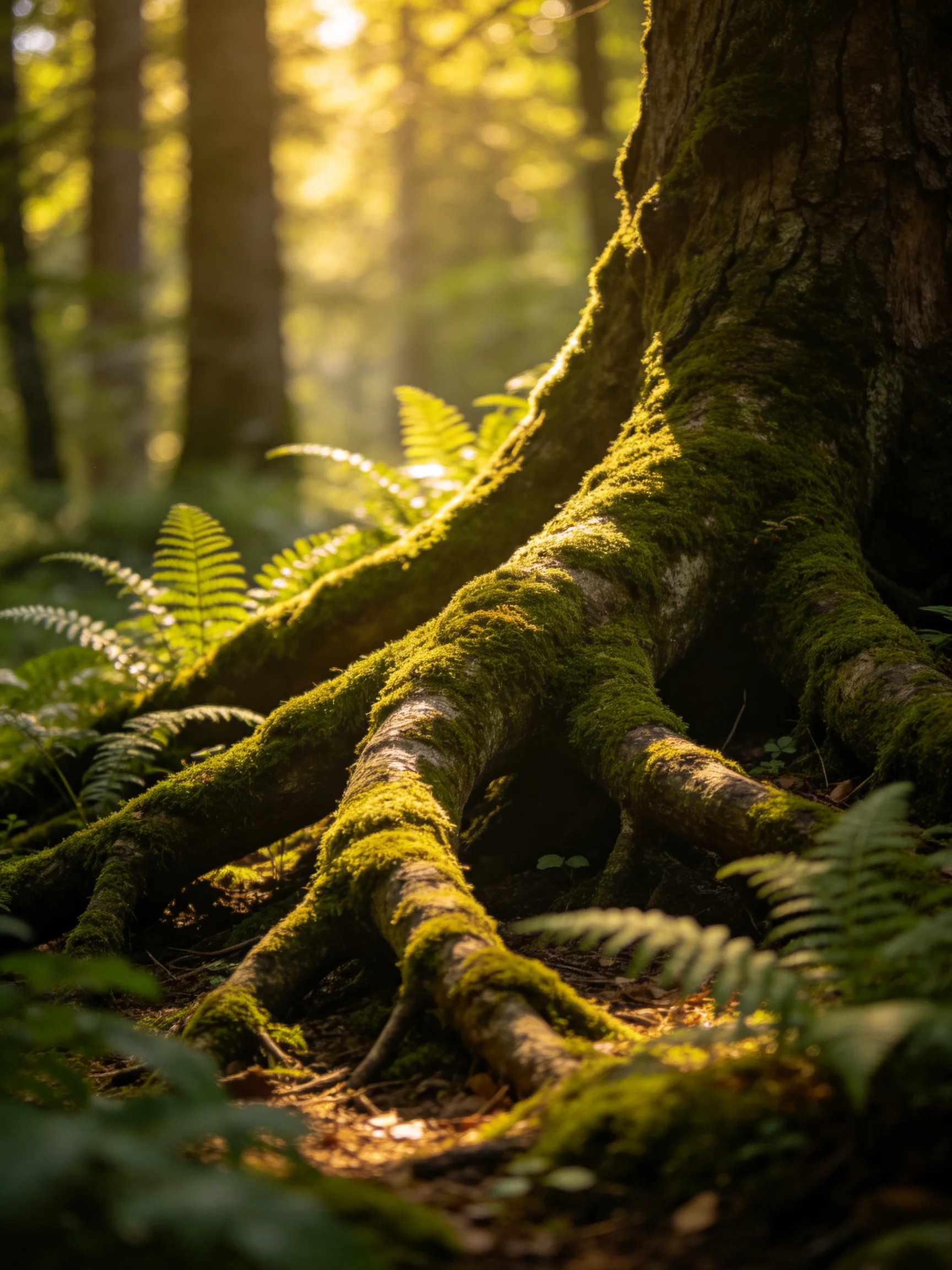 Moss-Covered Tree Roots and Ferns Bathed in Golden Sunlight Among Tall Trees