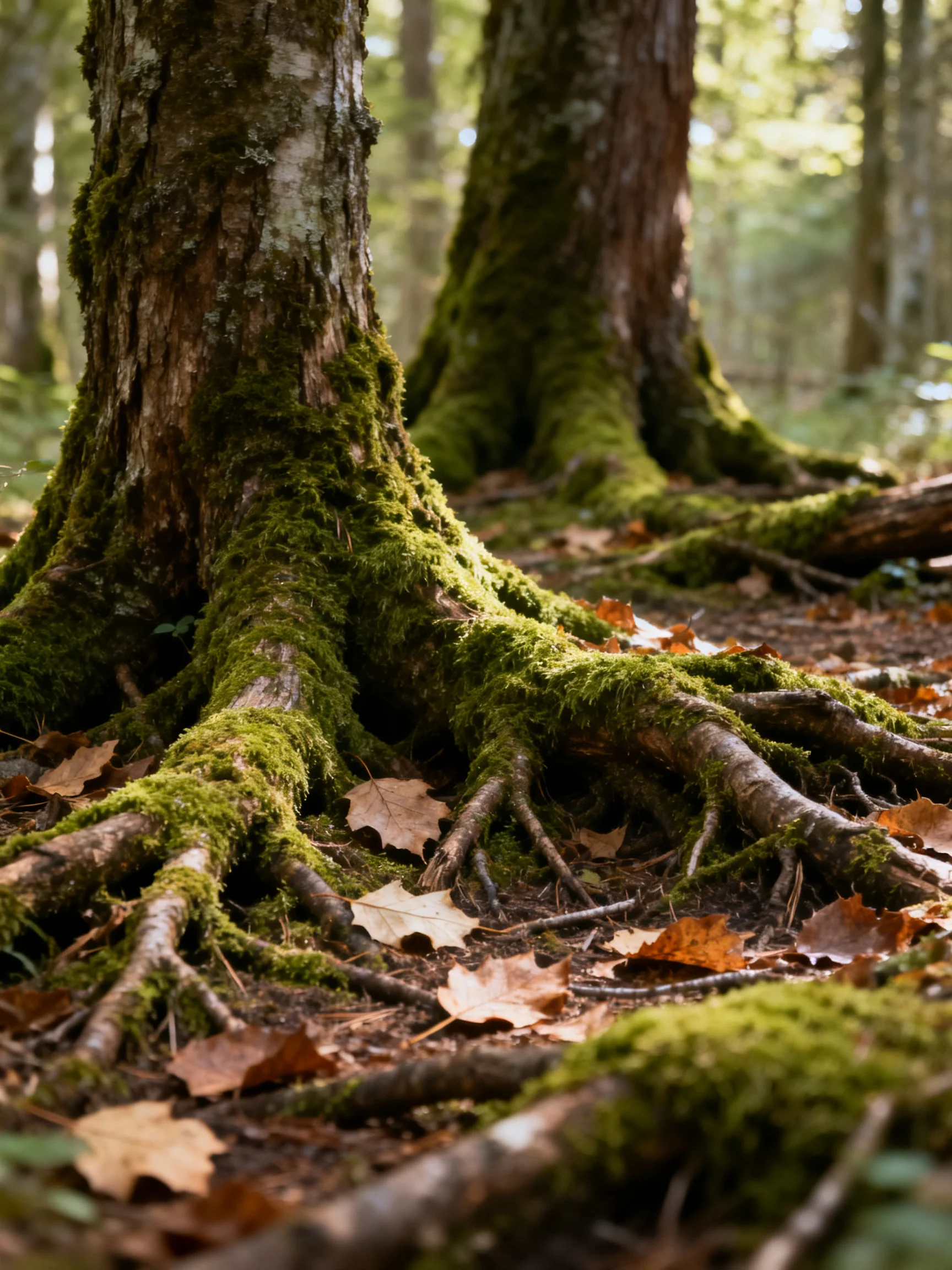 Moss-Covered Tree Roots in Sunlit Forest with Autumn Leaves