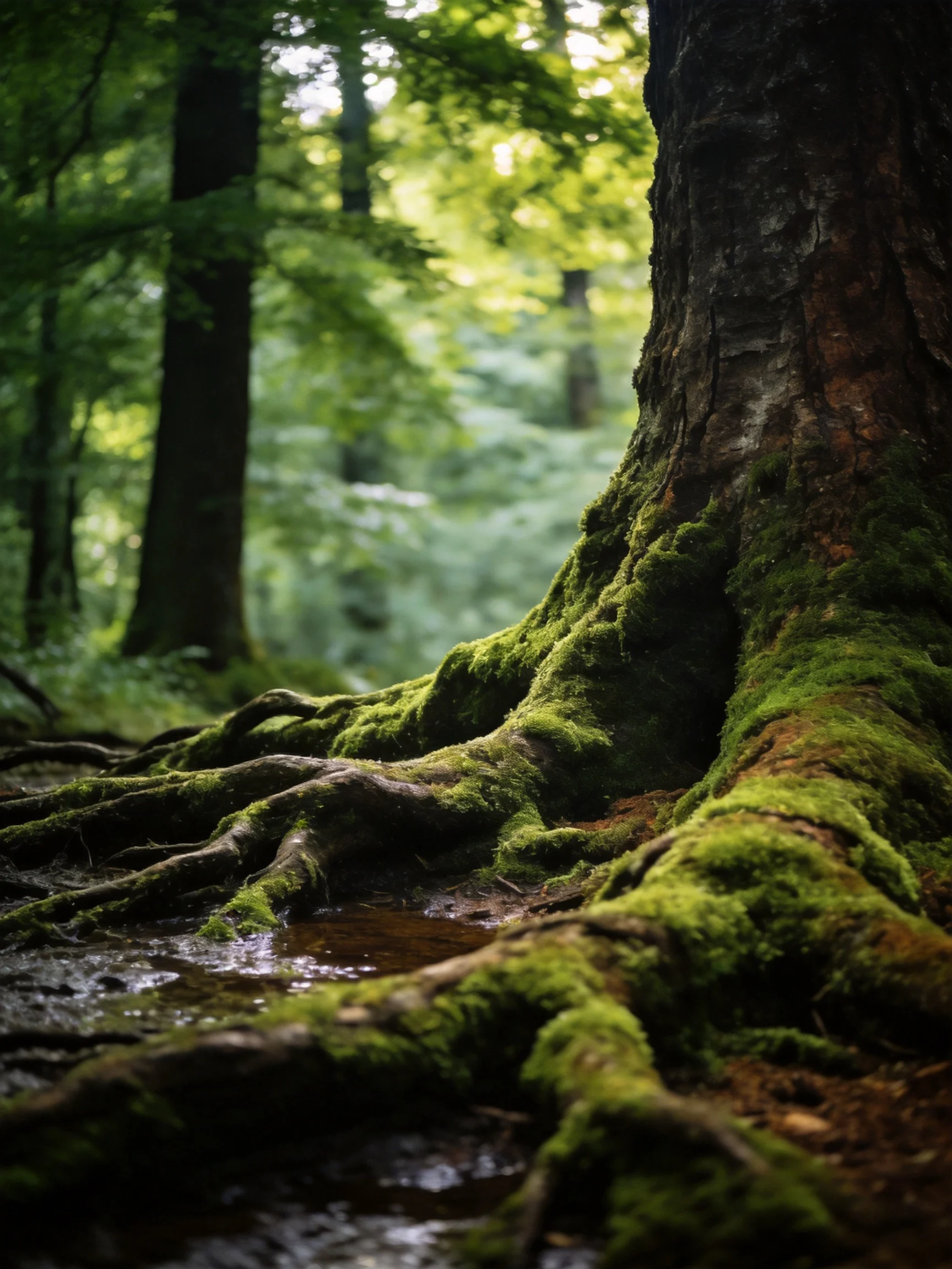 Moss-Covered Tree Roots in a Lush Forest Setting