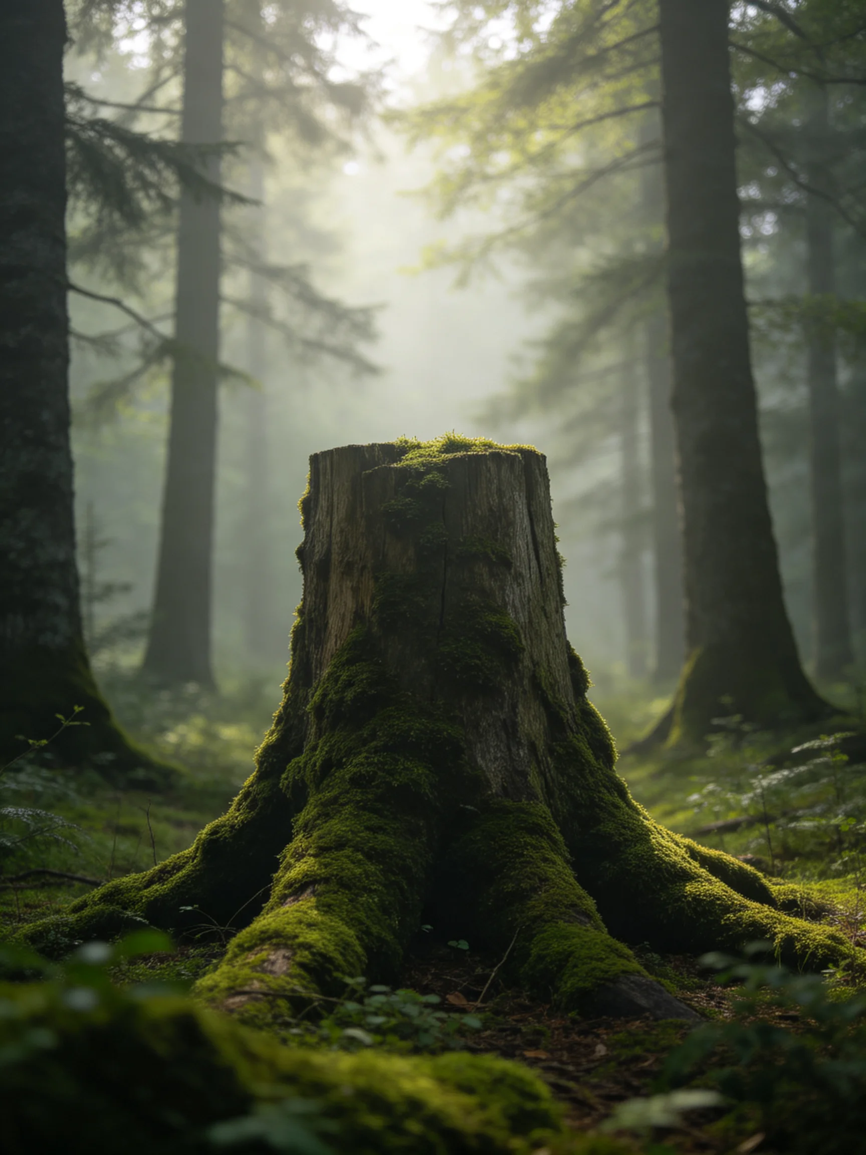 Moss-Covered Tree Stump in a Misty, Sun-Dappled Forest