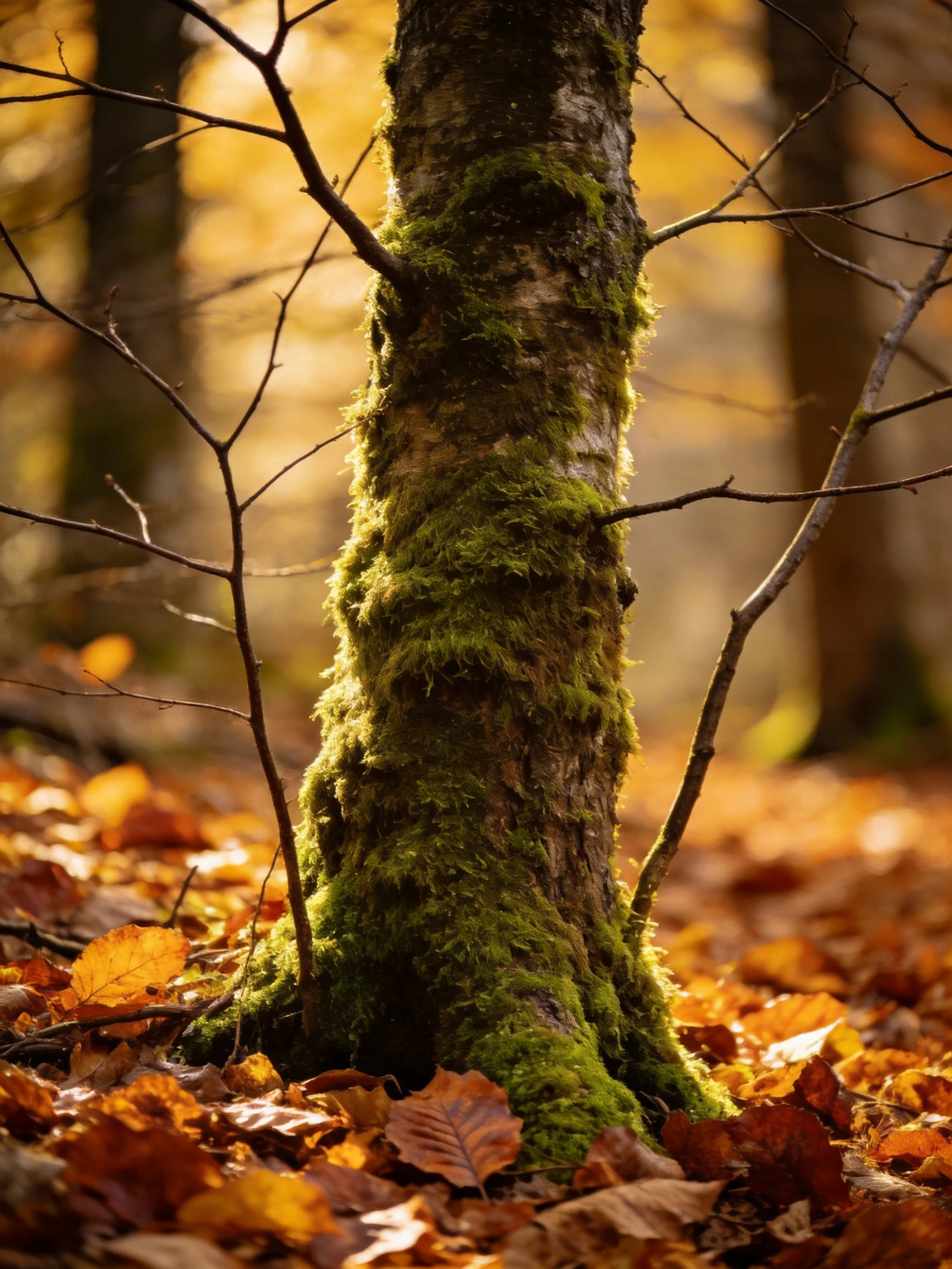 Moss-Covered Tree Trunk Among Autumn Leaves in Sunlit Woods