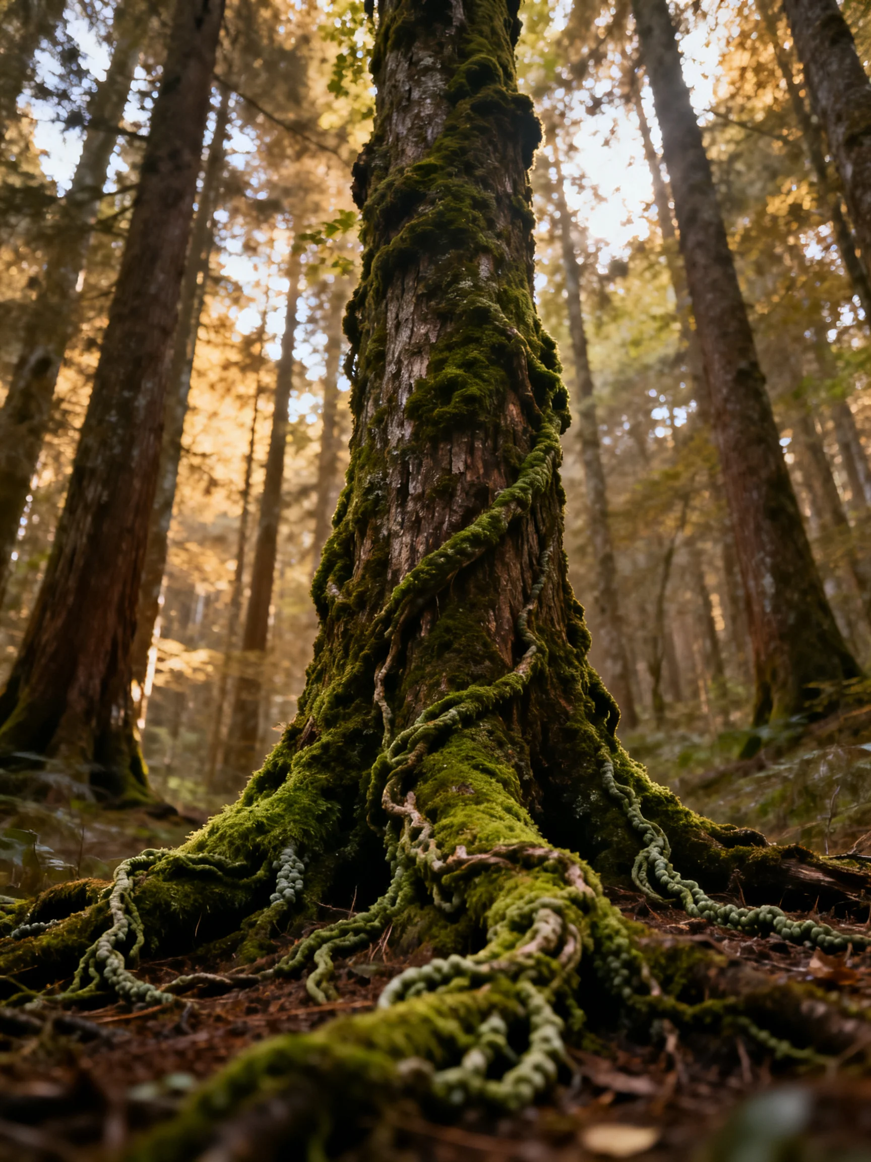 Moss-Covered Tree Trunk in Dappled Light Forest