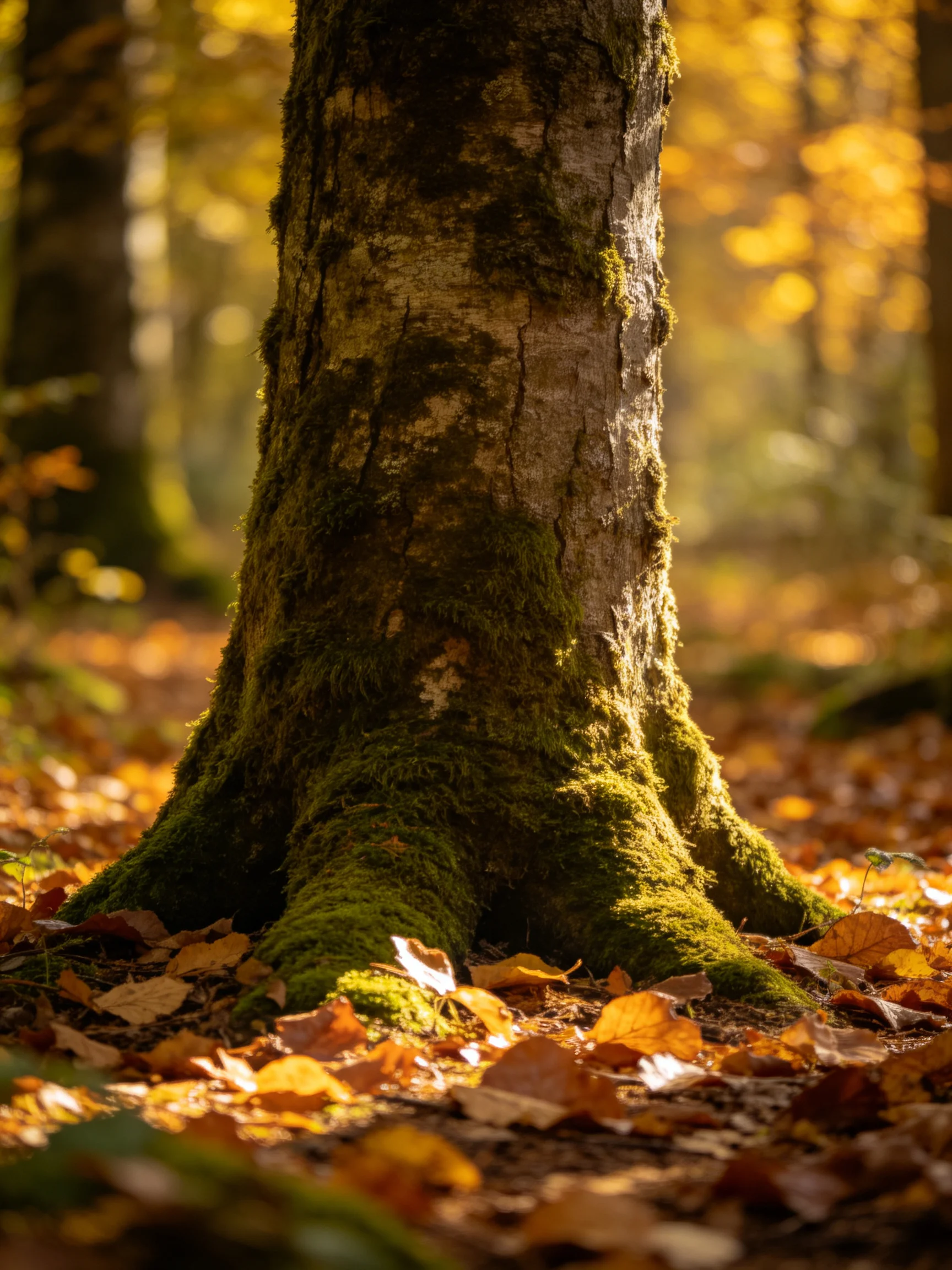 Moss-Covered Tree Trunk in Golden Autumn Forest