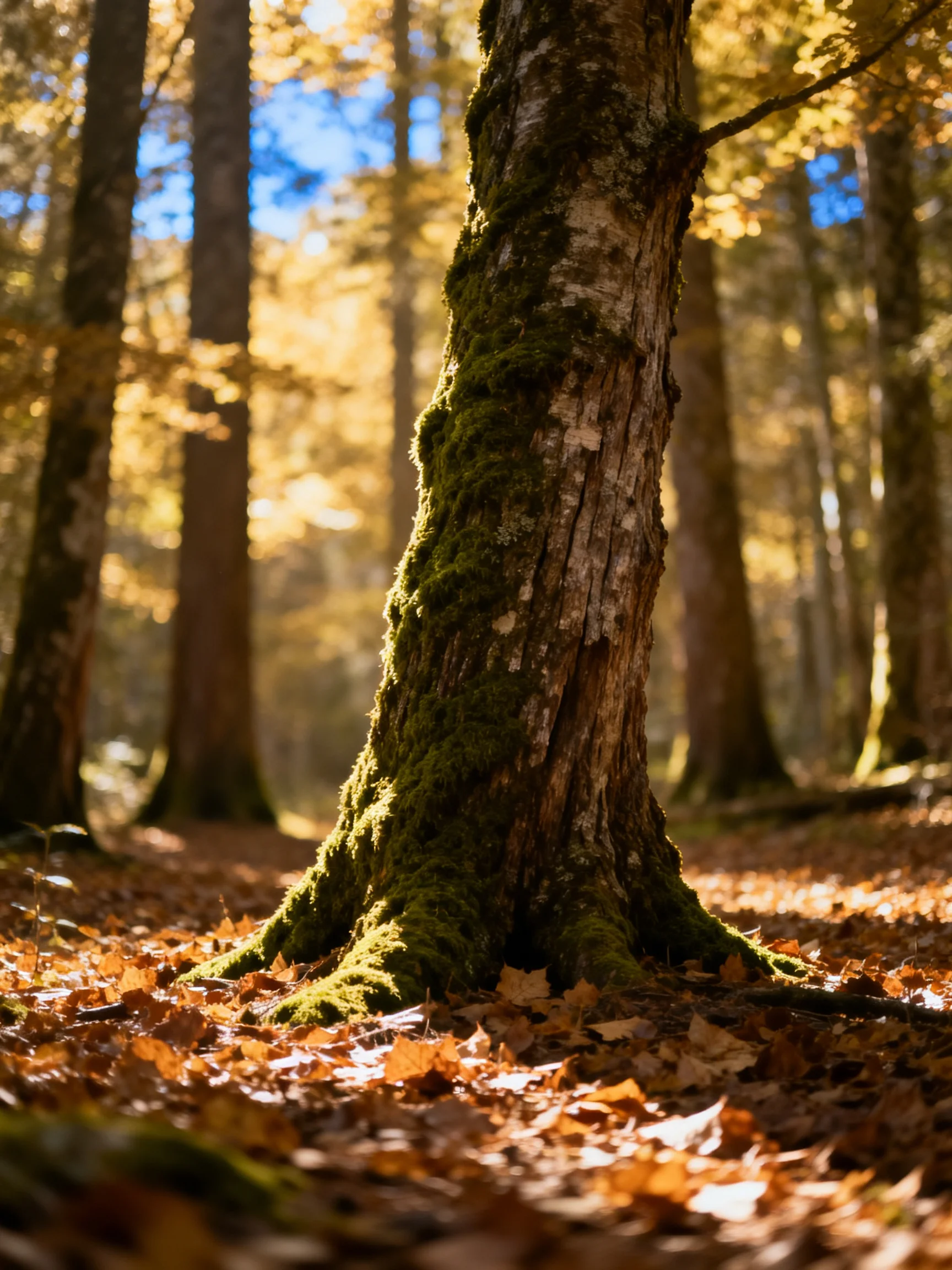 Moss-Covered Tree Trunk in Sunlit Autumn Forest