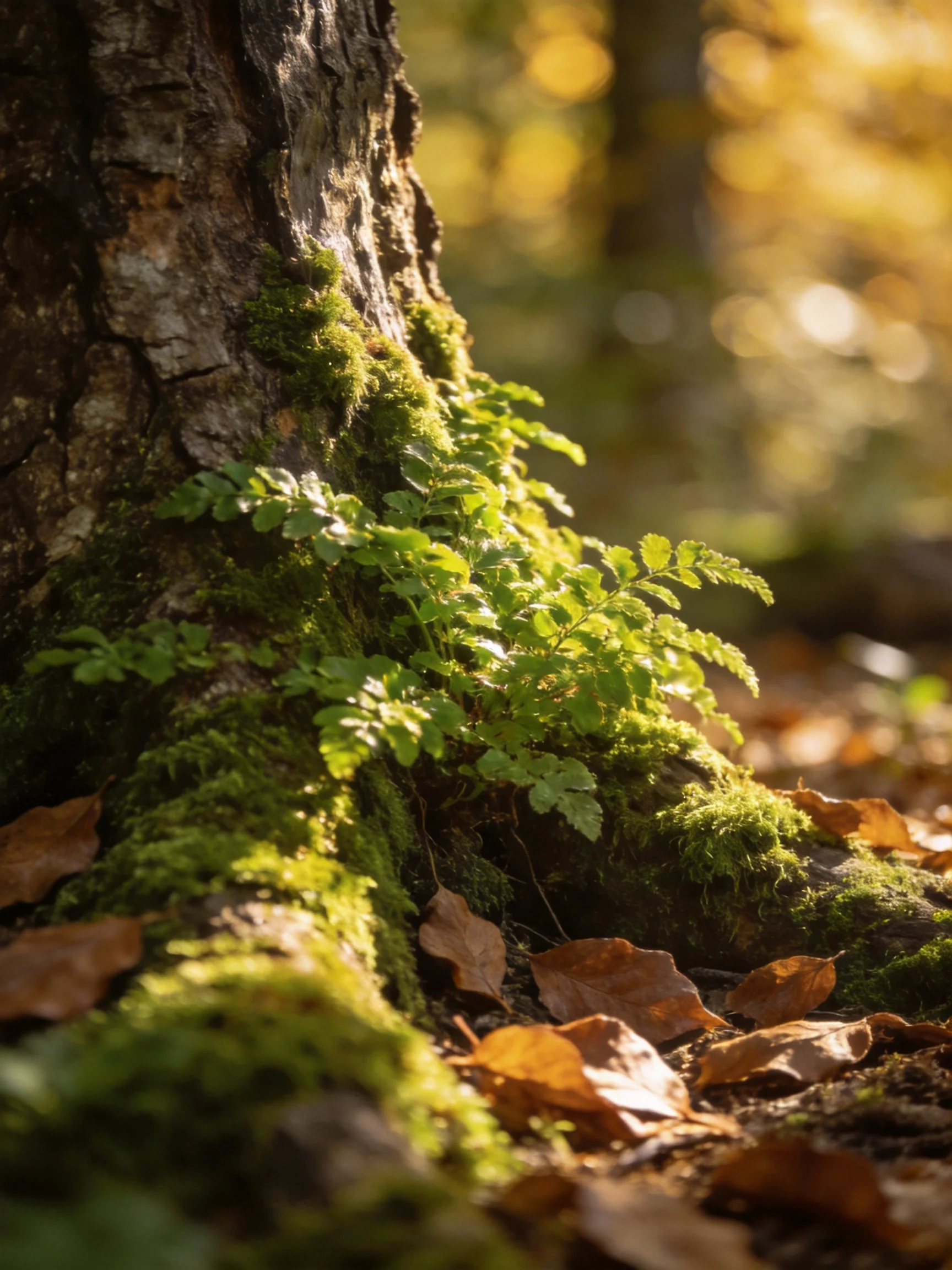 Moss-Covered Tree Trunk with Ferns and Autumn Leaves Under Warm Sunlight