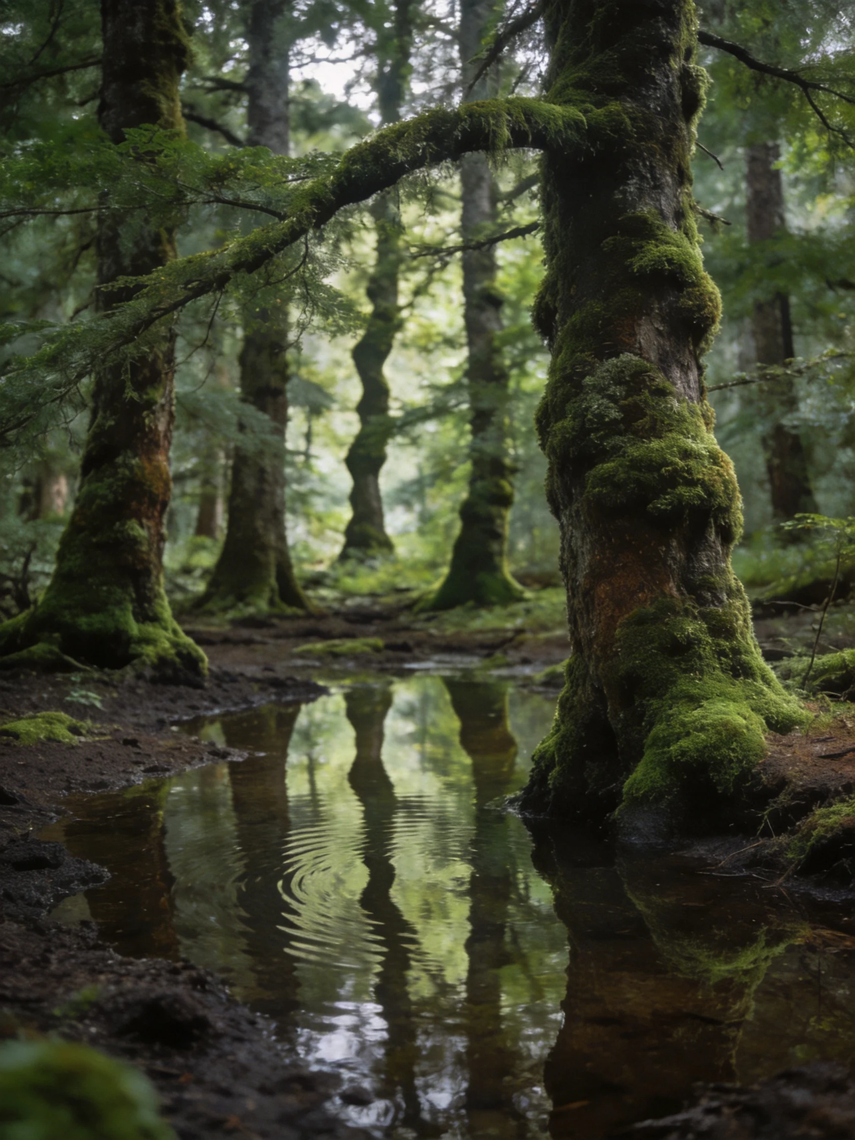 Moss-Covered Trees Reflect in a Misty Forest Stream