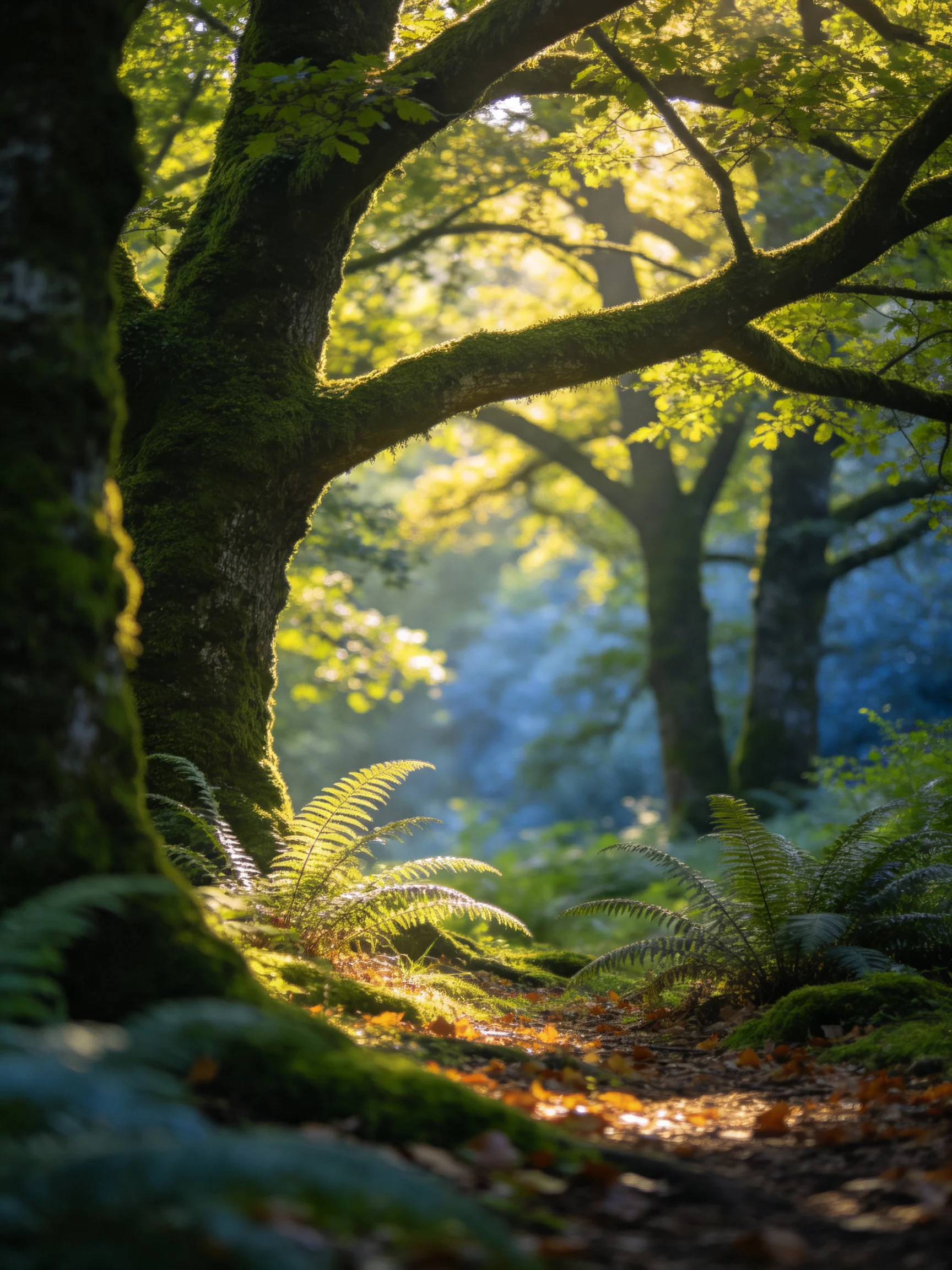 Moss-Covered Trees and Ferns in Sunlit Forest