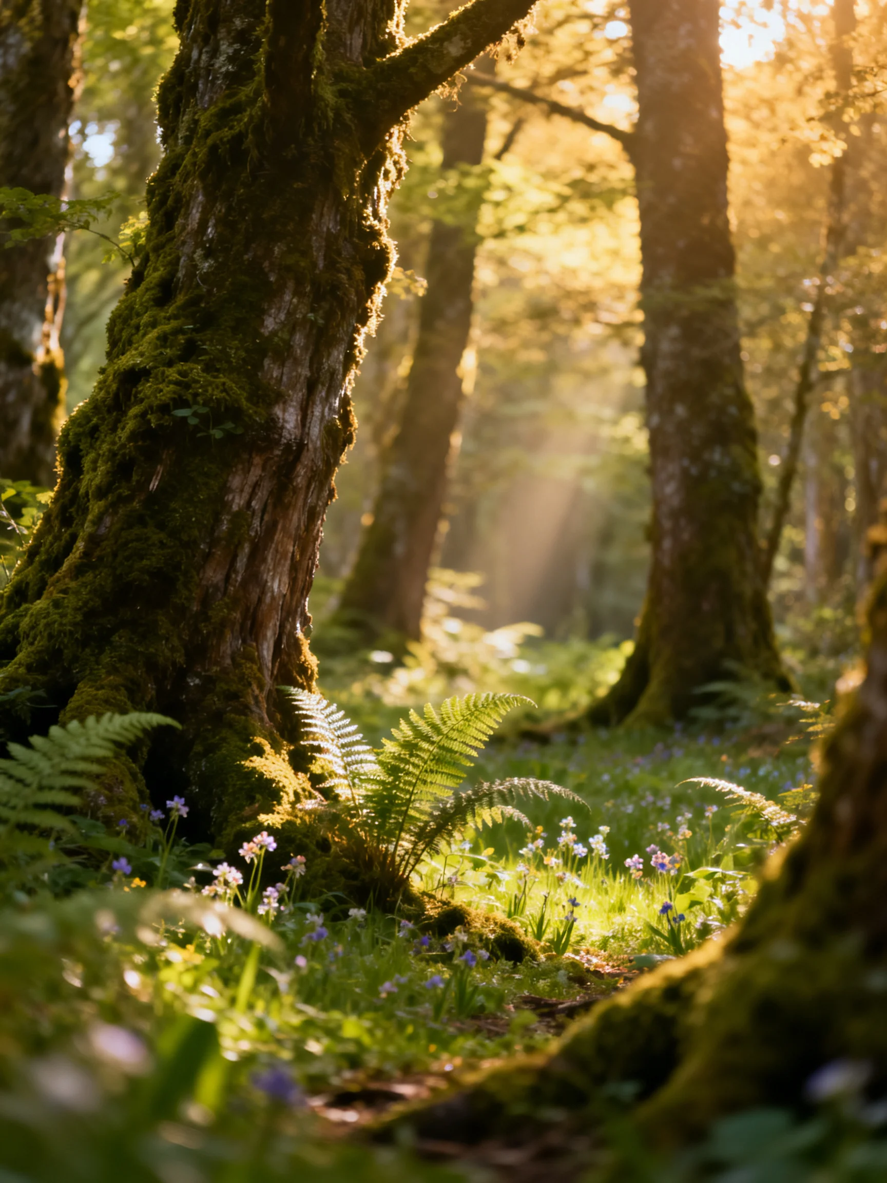 Moss-Covered Trees and Sunlit Forest Undergrowth