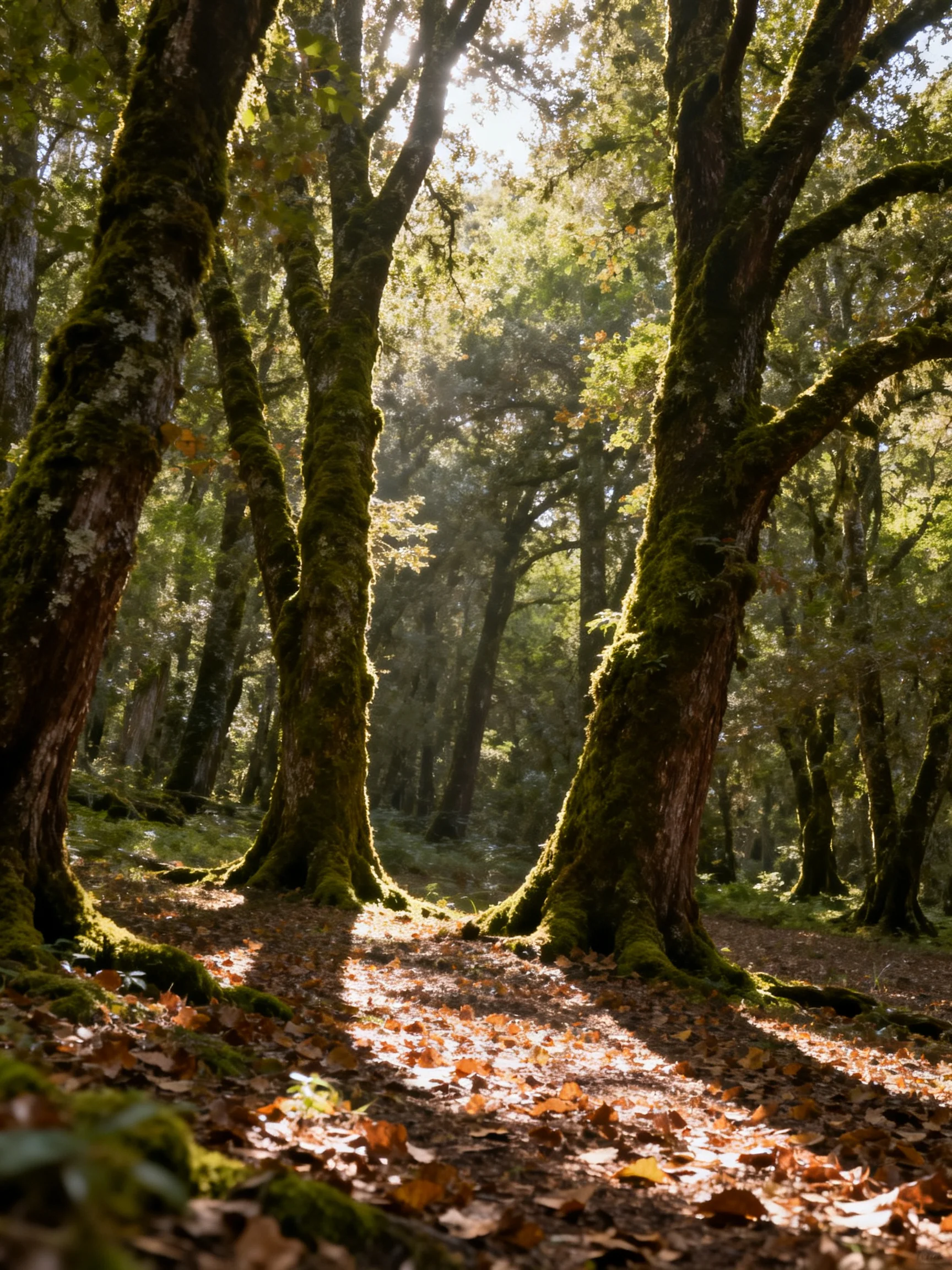 Moss-Covered Trees in Sunlit Forest with Fallen Leaves