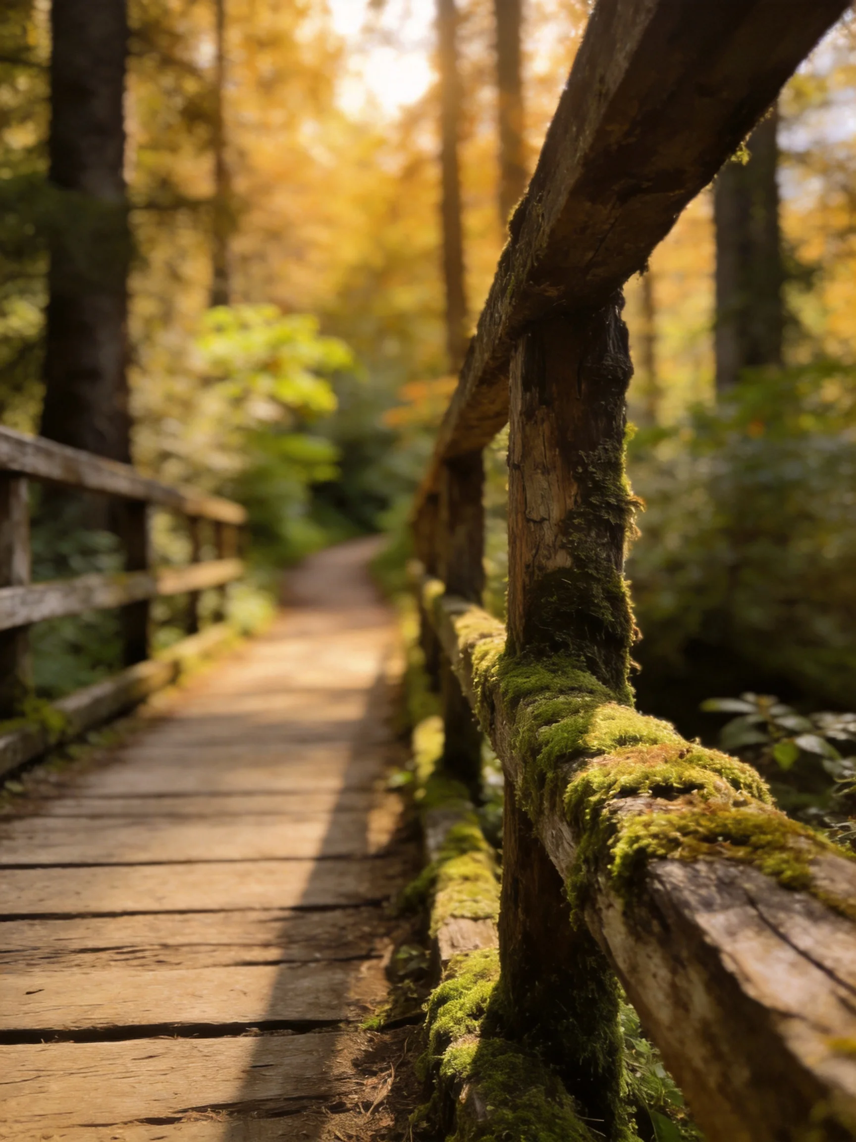 Moss-Covered Wooden Bridge Through Sunlit Forest Path