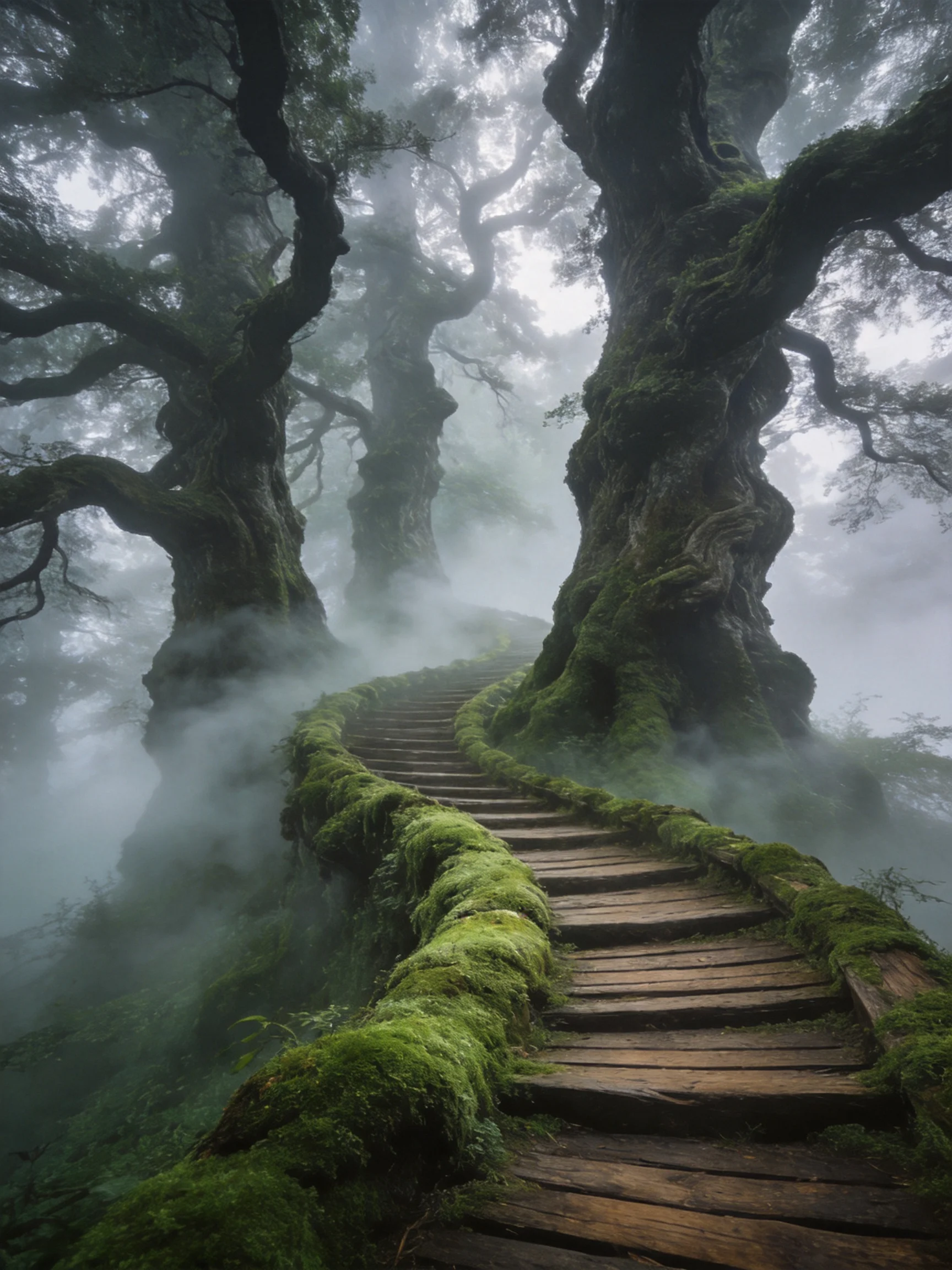 Moss-Covered Wooden Stairs Wind Through Ancient, Mist-Shrouded Trees