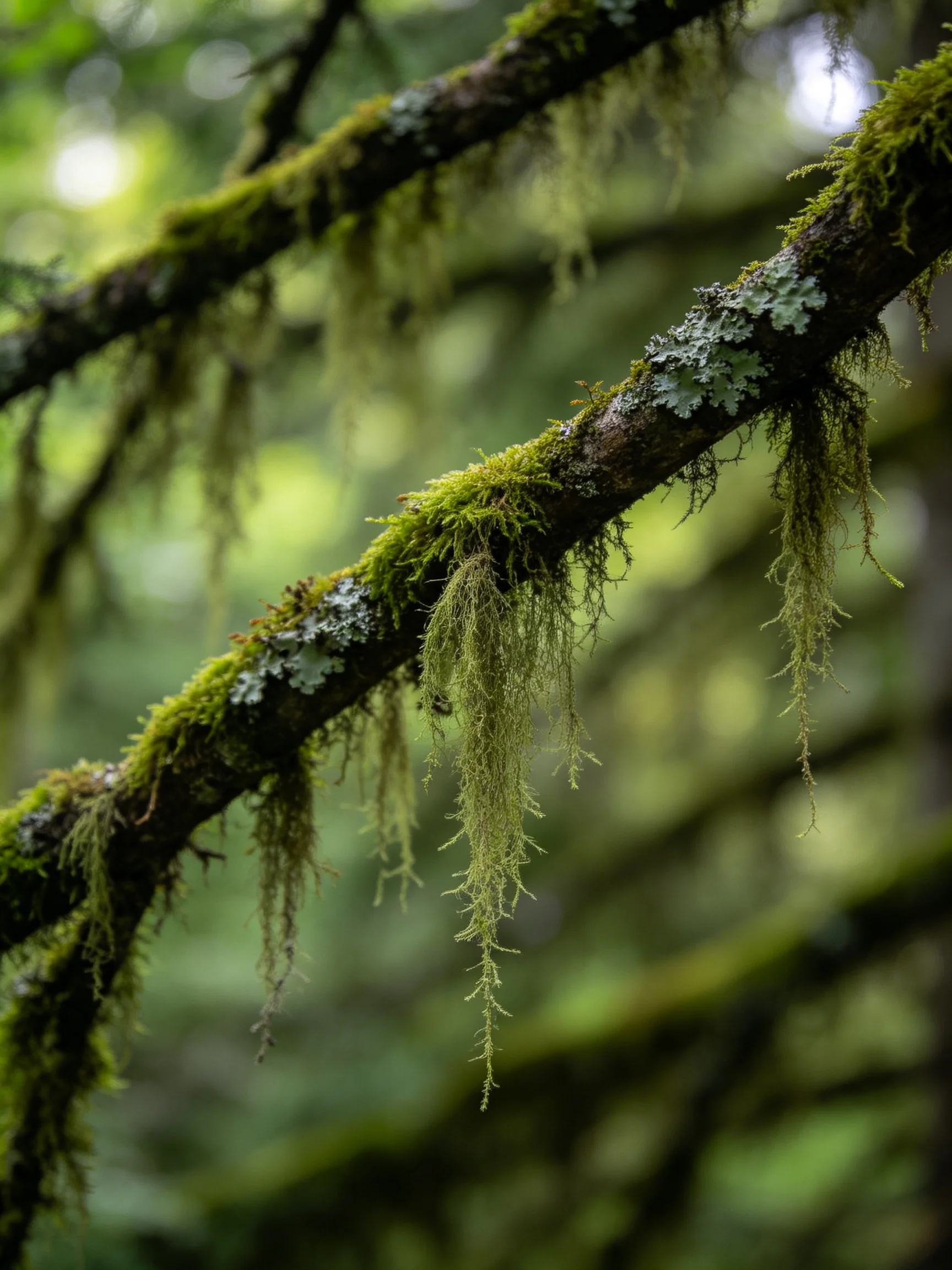 Moss and Lichen Clad Tree Branches in a Sunlit Forest
