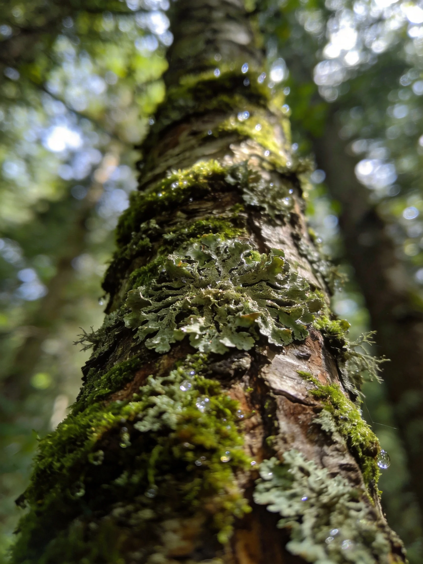 Moss and Lichen Covered Tree Trunk in Dappled Forest Light