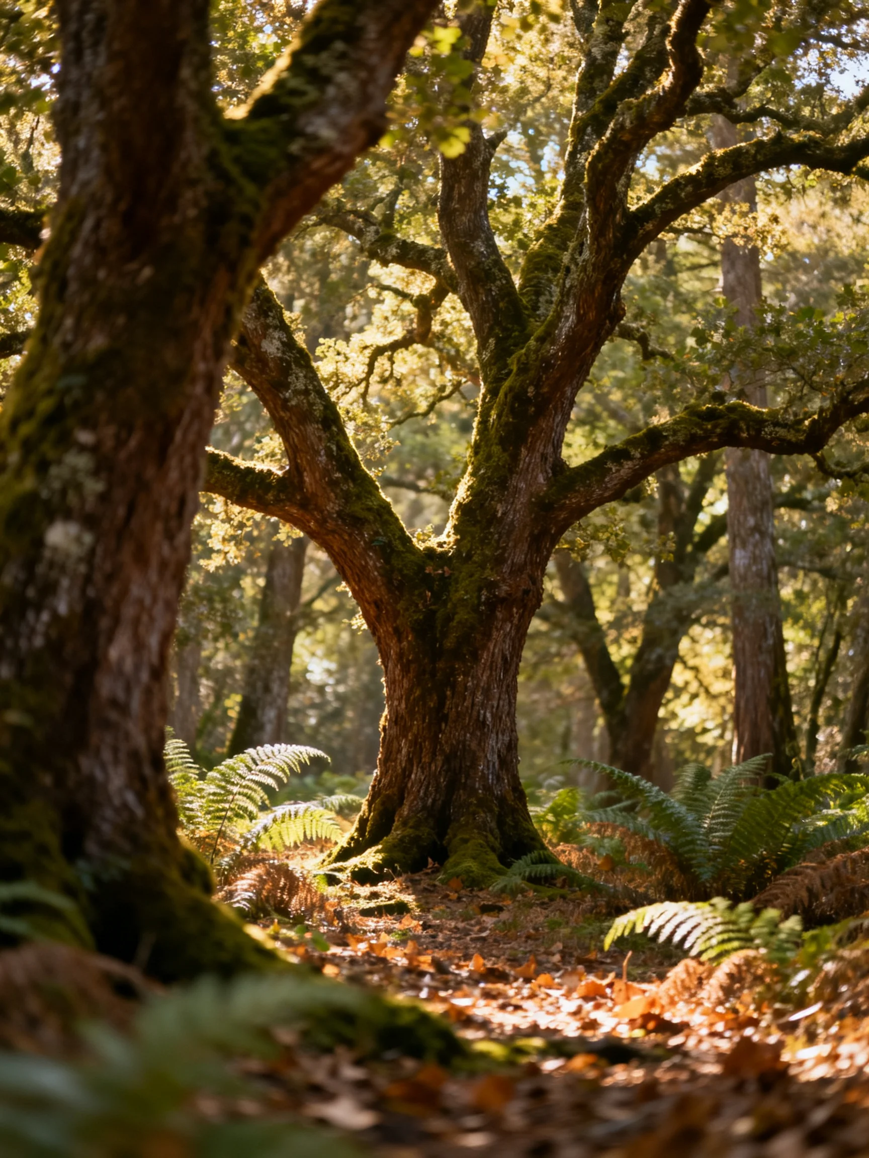 Moss-covered ancient oak tree amidst ferns in sunlit forest