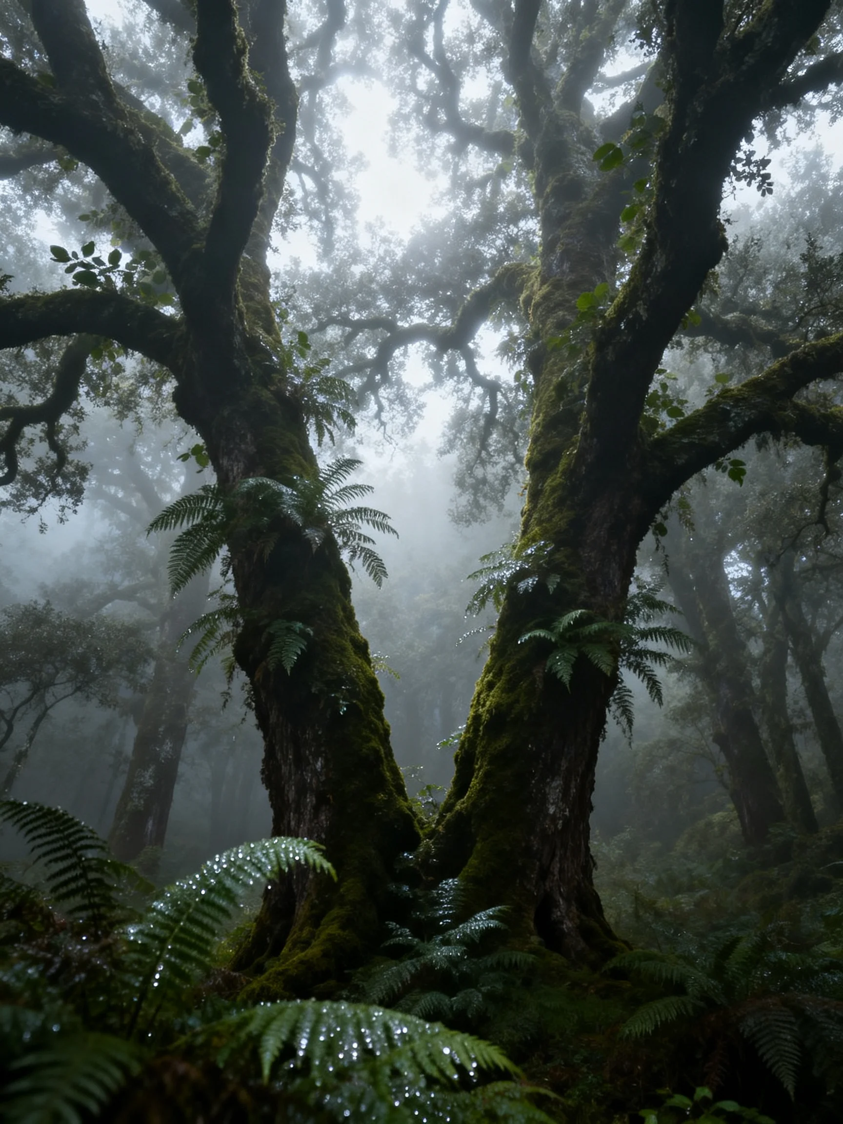 Moss-covered ancient trees in a misty, fern-filled forest