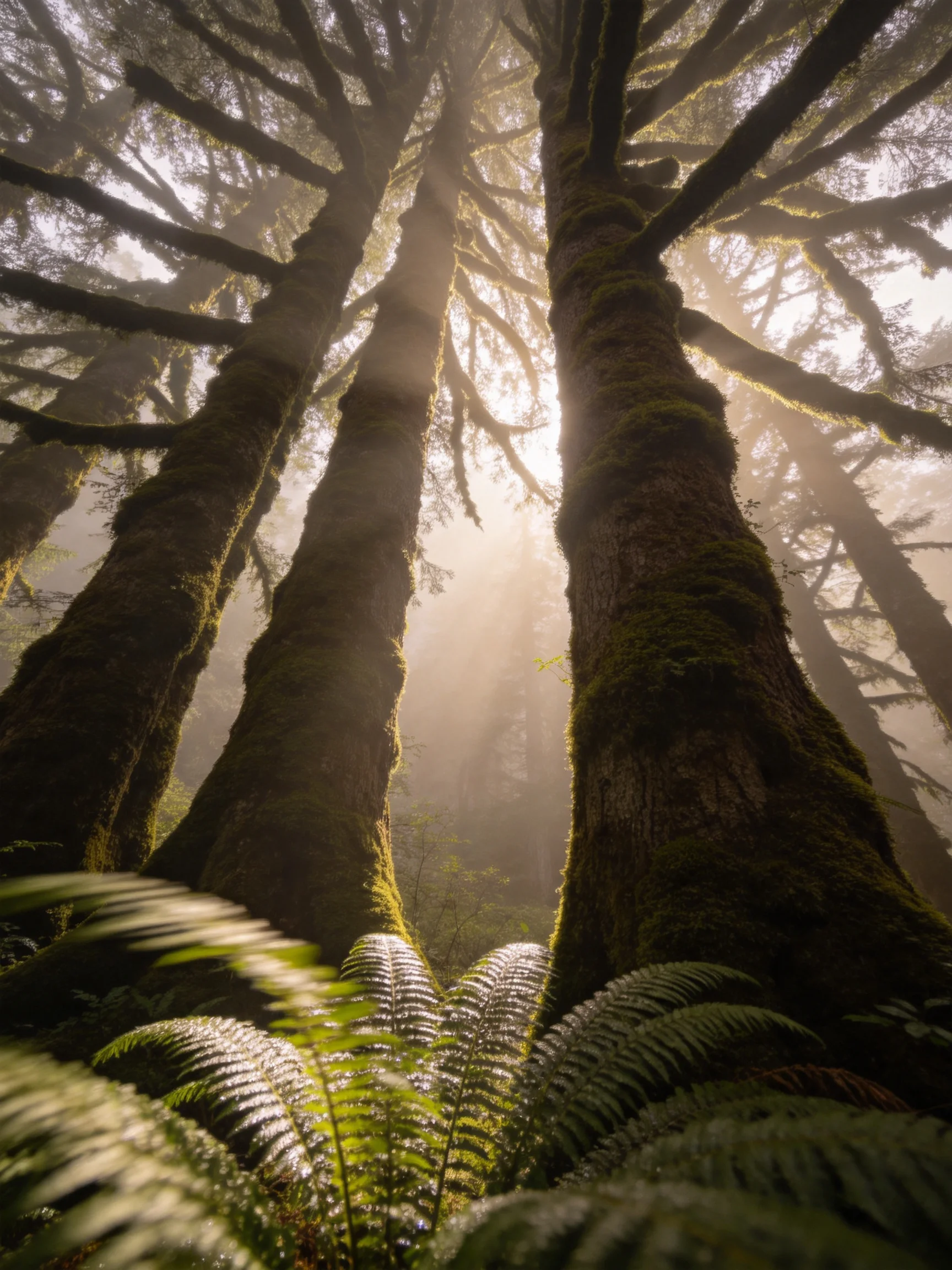 Moss-covered ancient trees tower over ferns in a misty forest