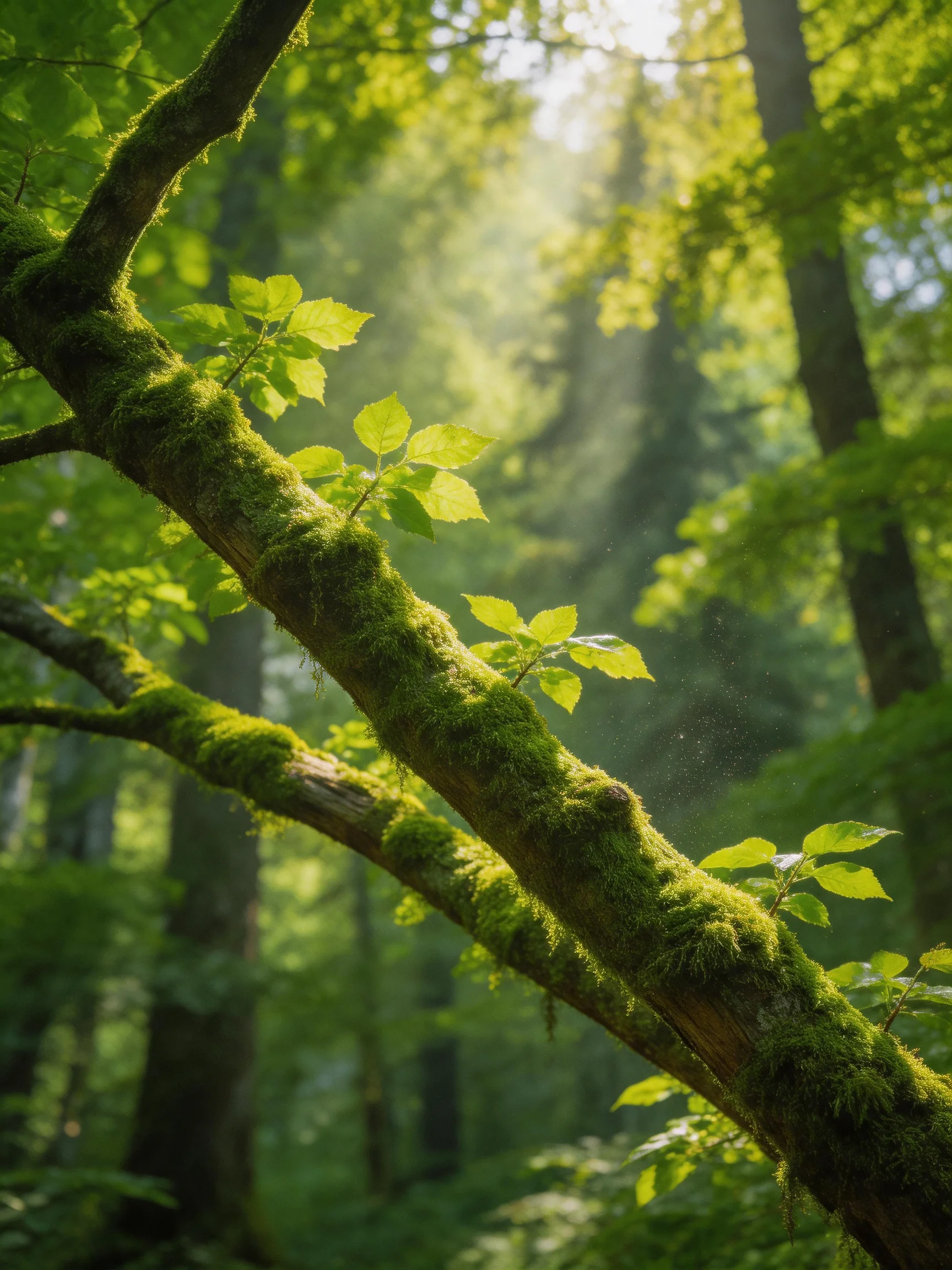 Moss-covered branch in sun-dappled lush forest