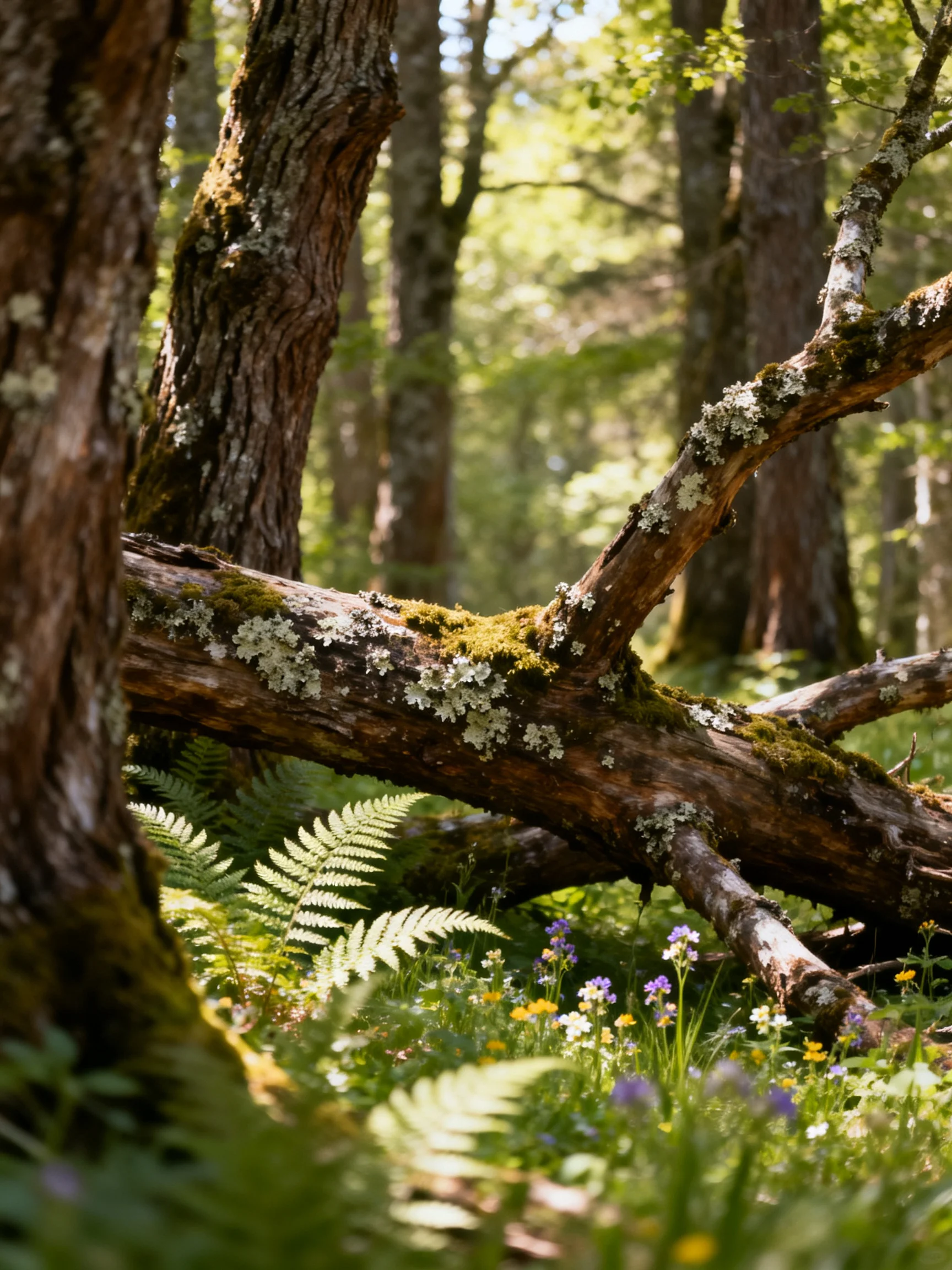 Moss-covered fallen logs and vibrant wildflowers in a sun-dappled forest