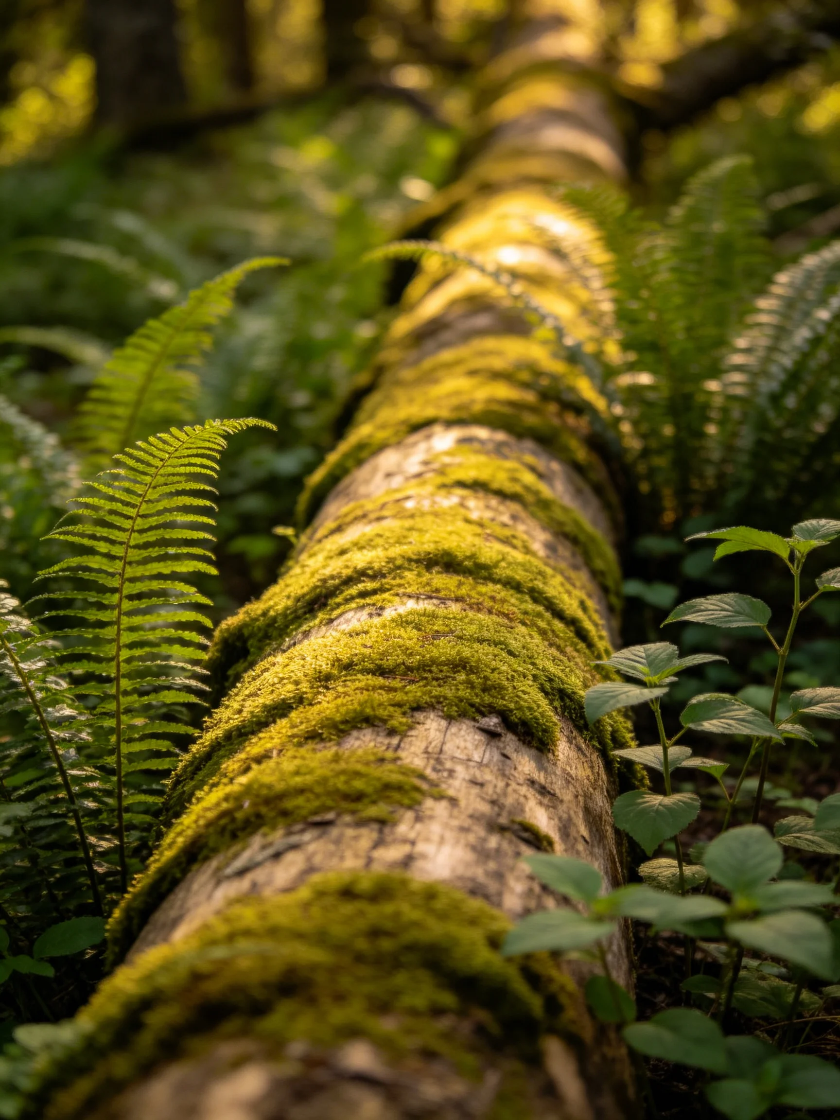 Moss-covered fallen tree trunk surrounded by lush ferns