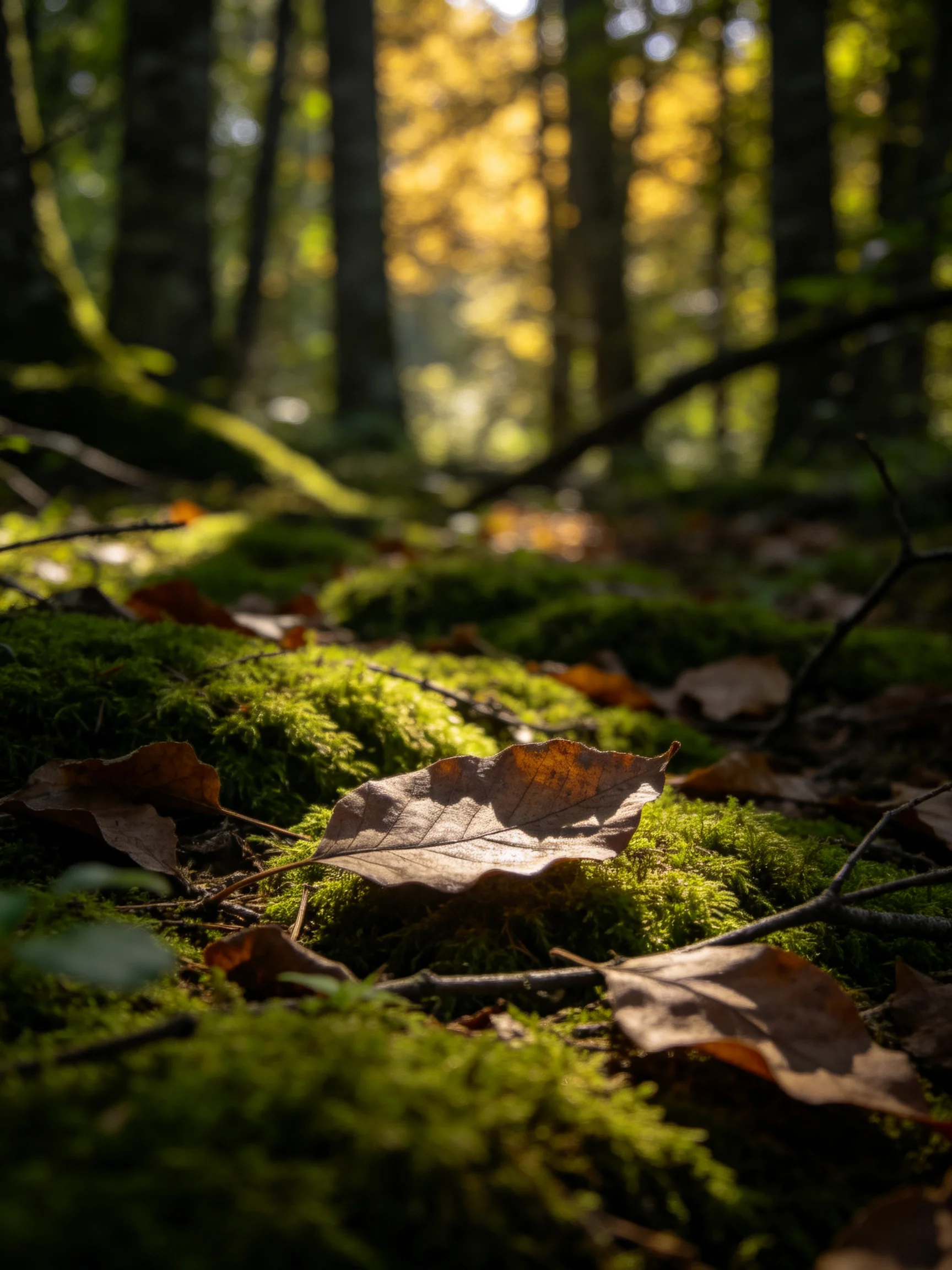 Moss-covered forest floor with golden sunlight and brown leaves