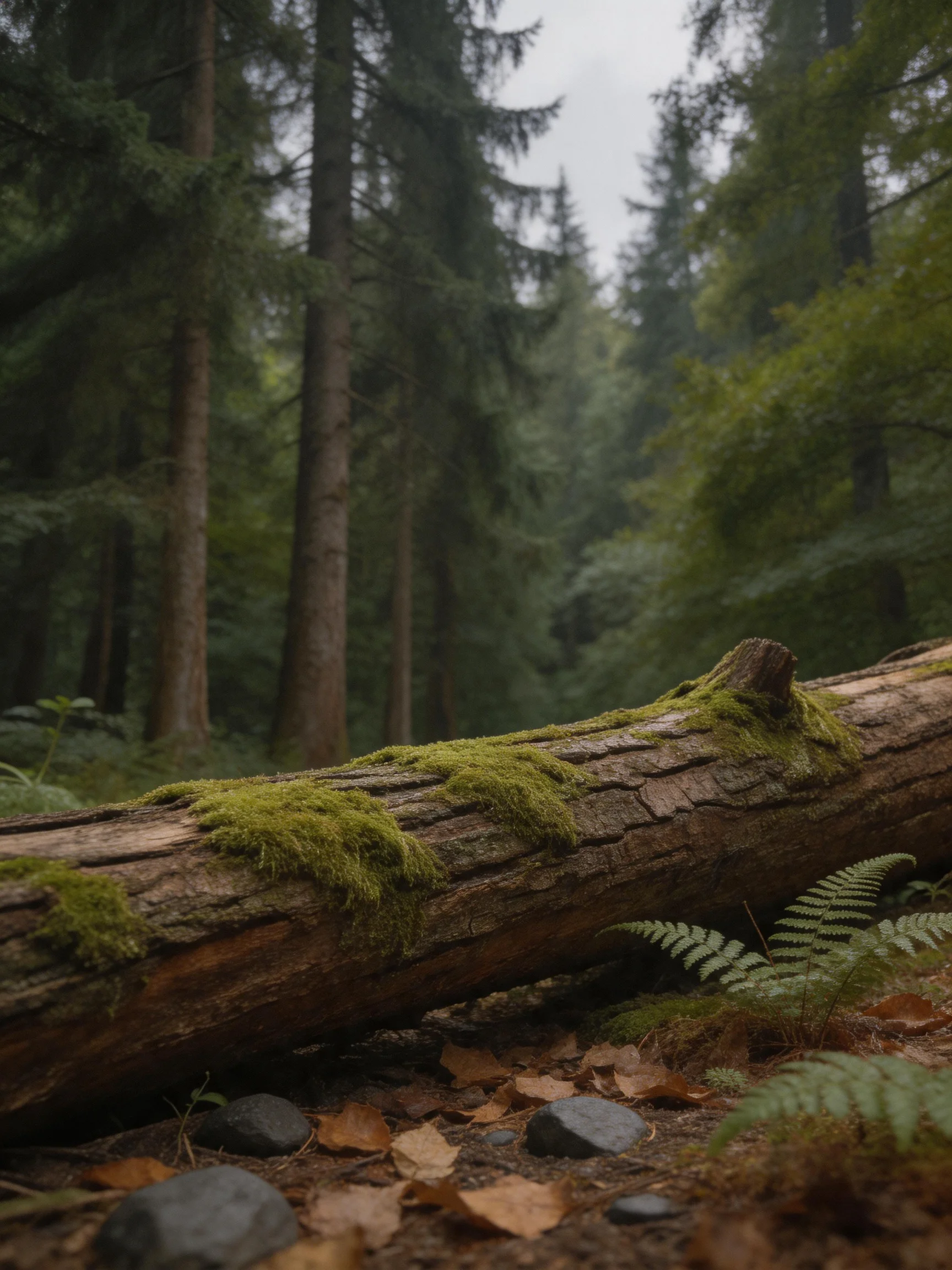 Moss-covered log rests amid ferns and tall forest trees