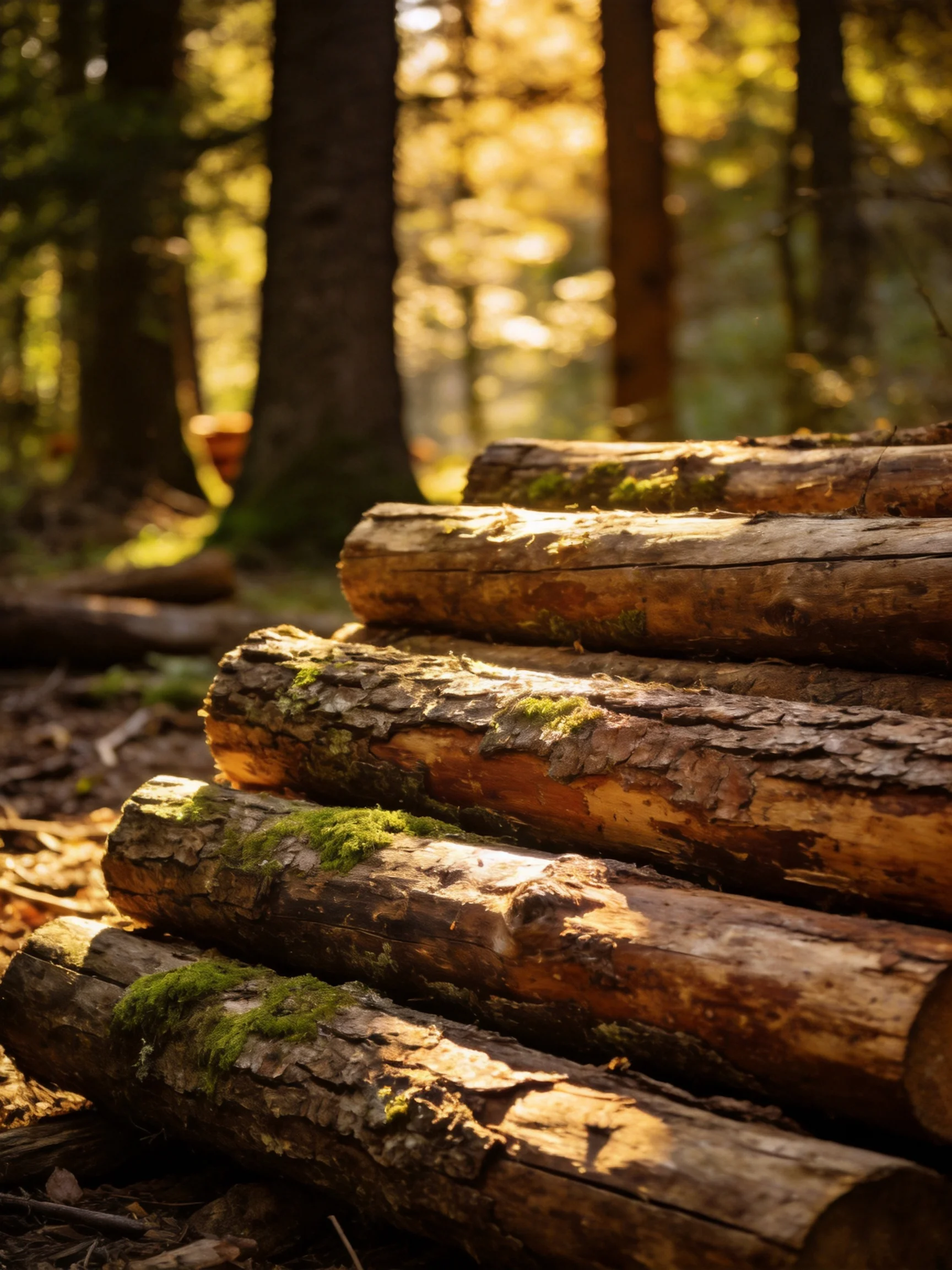 Moss-covered logs stacked in a sunlit forest clearing