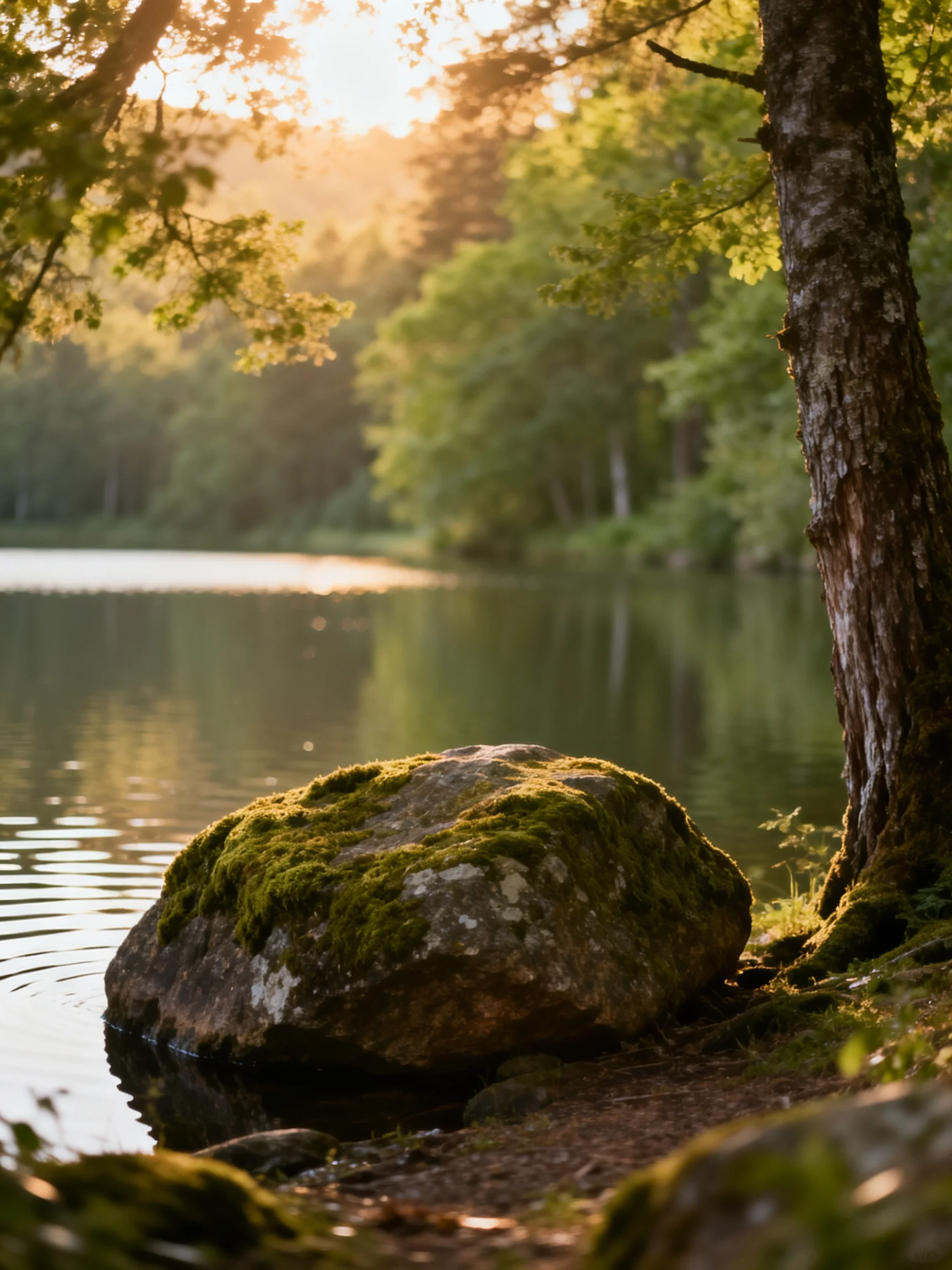 Moss-covered rock by a tranquil lake at golden hour