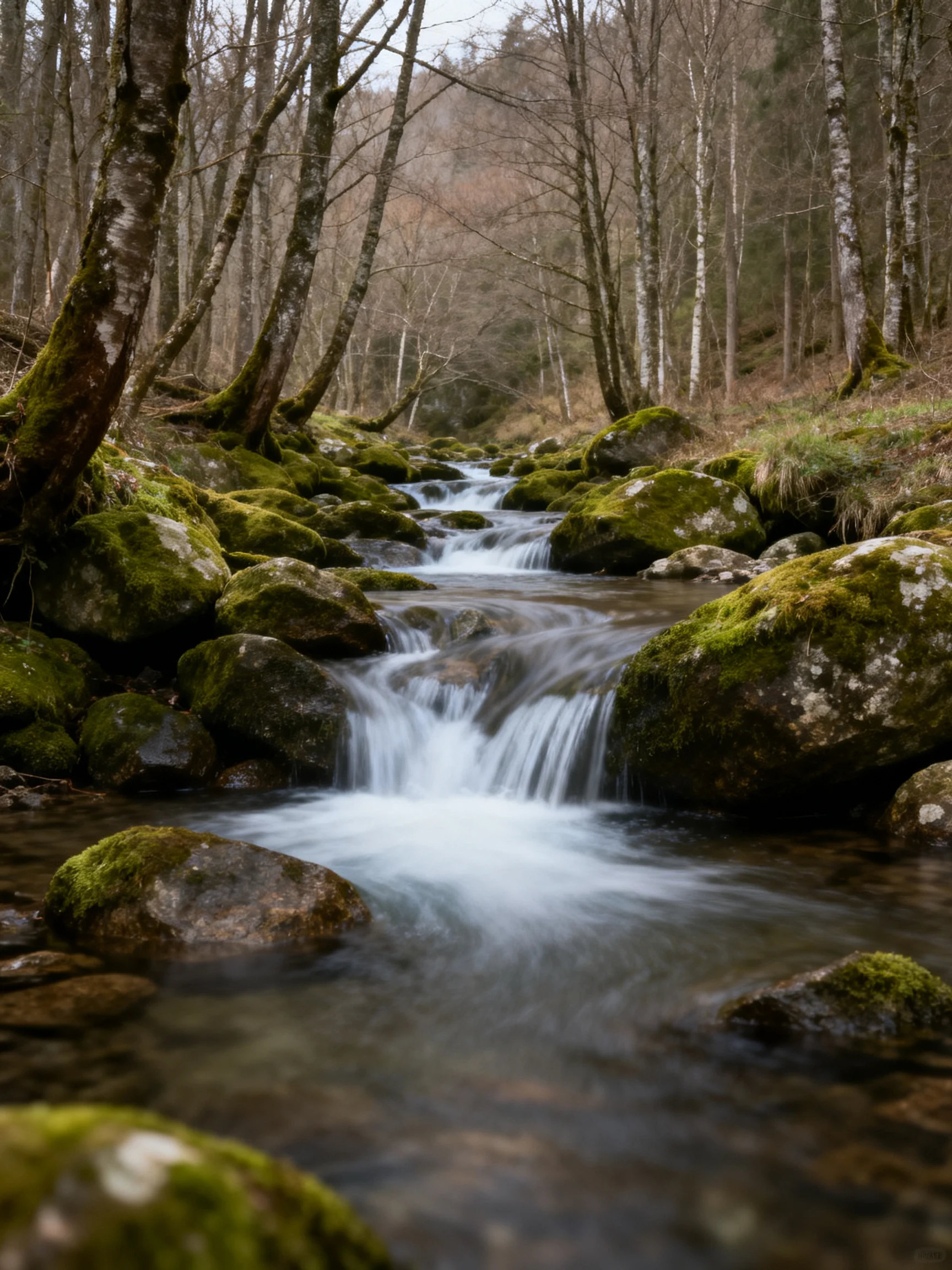 Moss-covered rocks along a flowing forest stream