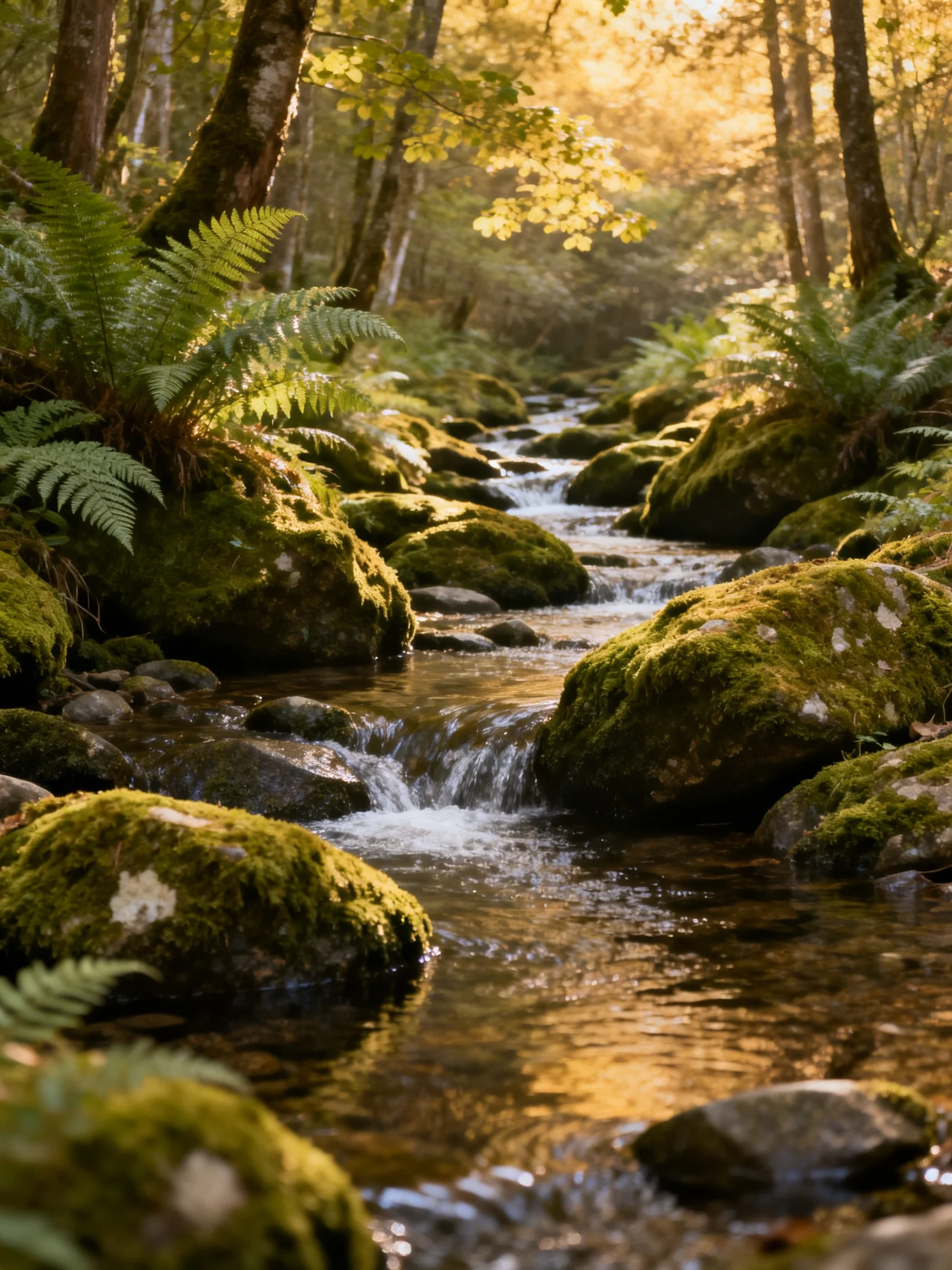 Moss-covered rocks along a sunlit forest stream