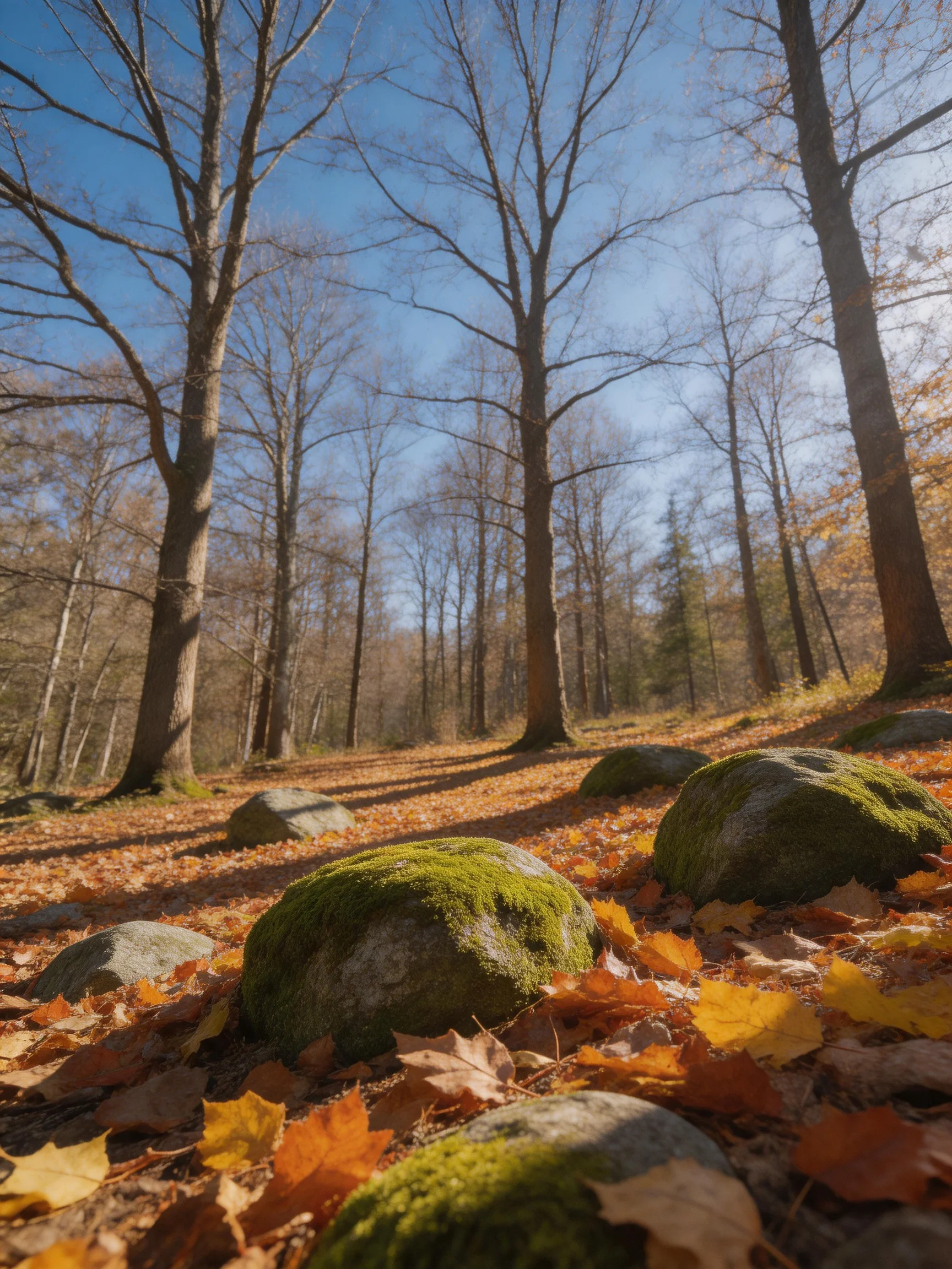 Moss-covered rocks amid golden autumn leaves and tall leafless trees
