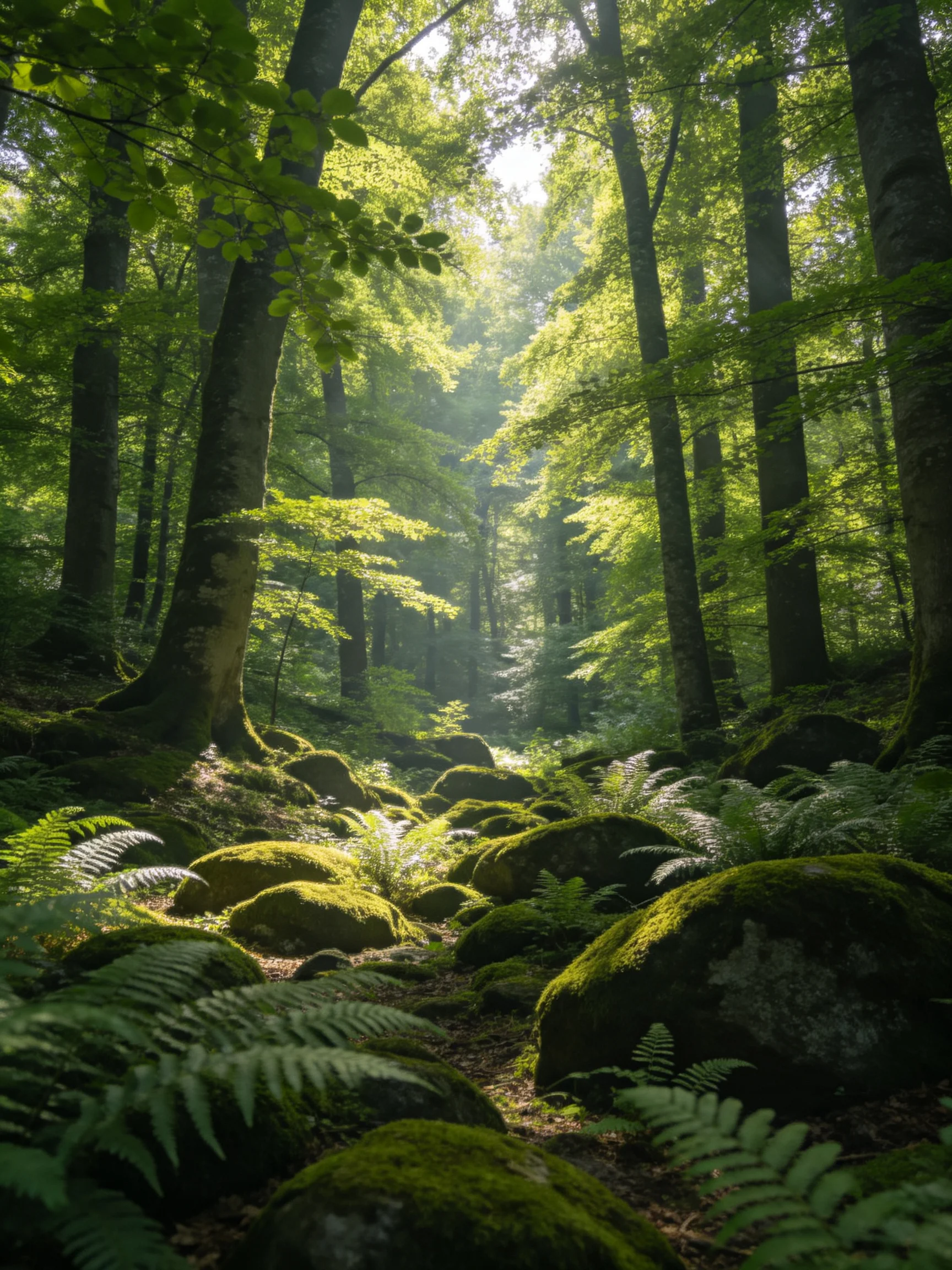 Moss-covered rocks and ferns fill a sun-dappled forest with tall trees