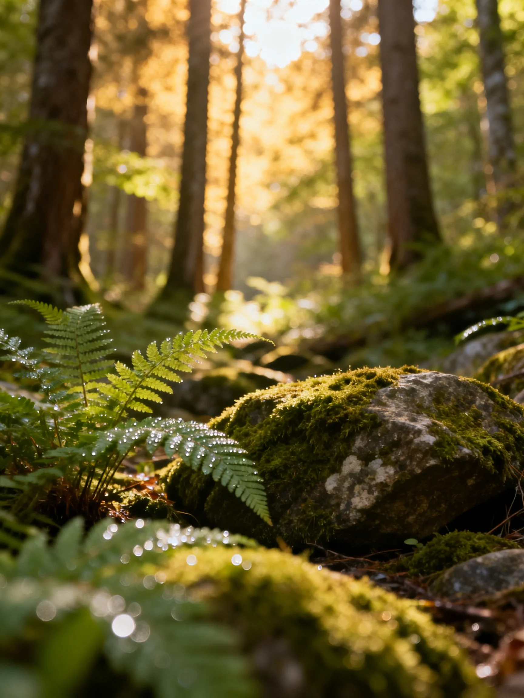Moss-covered rocks, ferns, and tall trees in sunlit forest glade