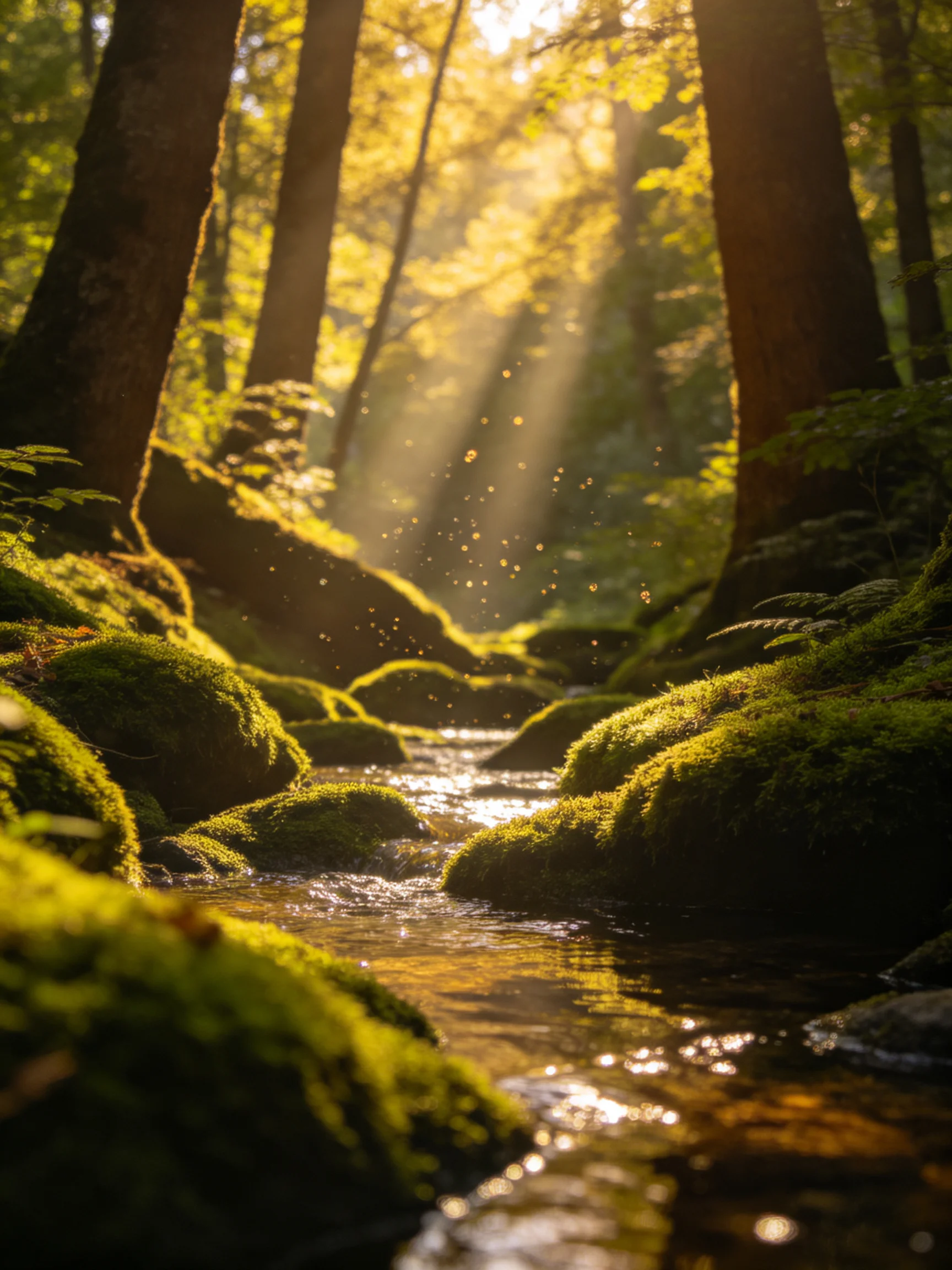 Moss-covered rocks flank a forest stream as sunlight streams through trees