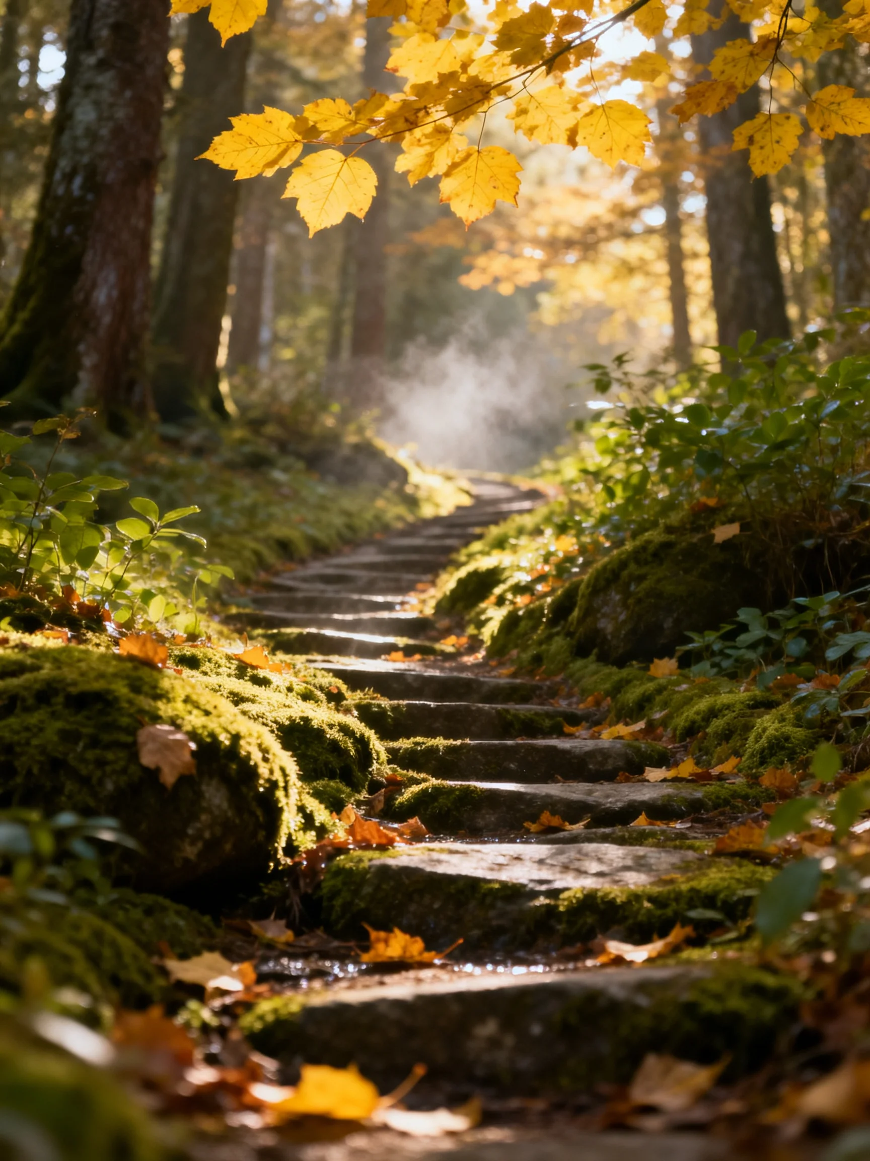 Moss-covered stone steps winding through golden autumn forest