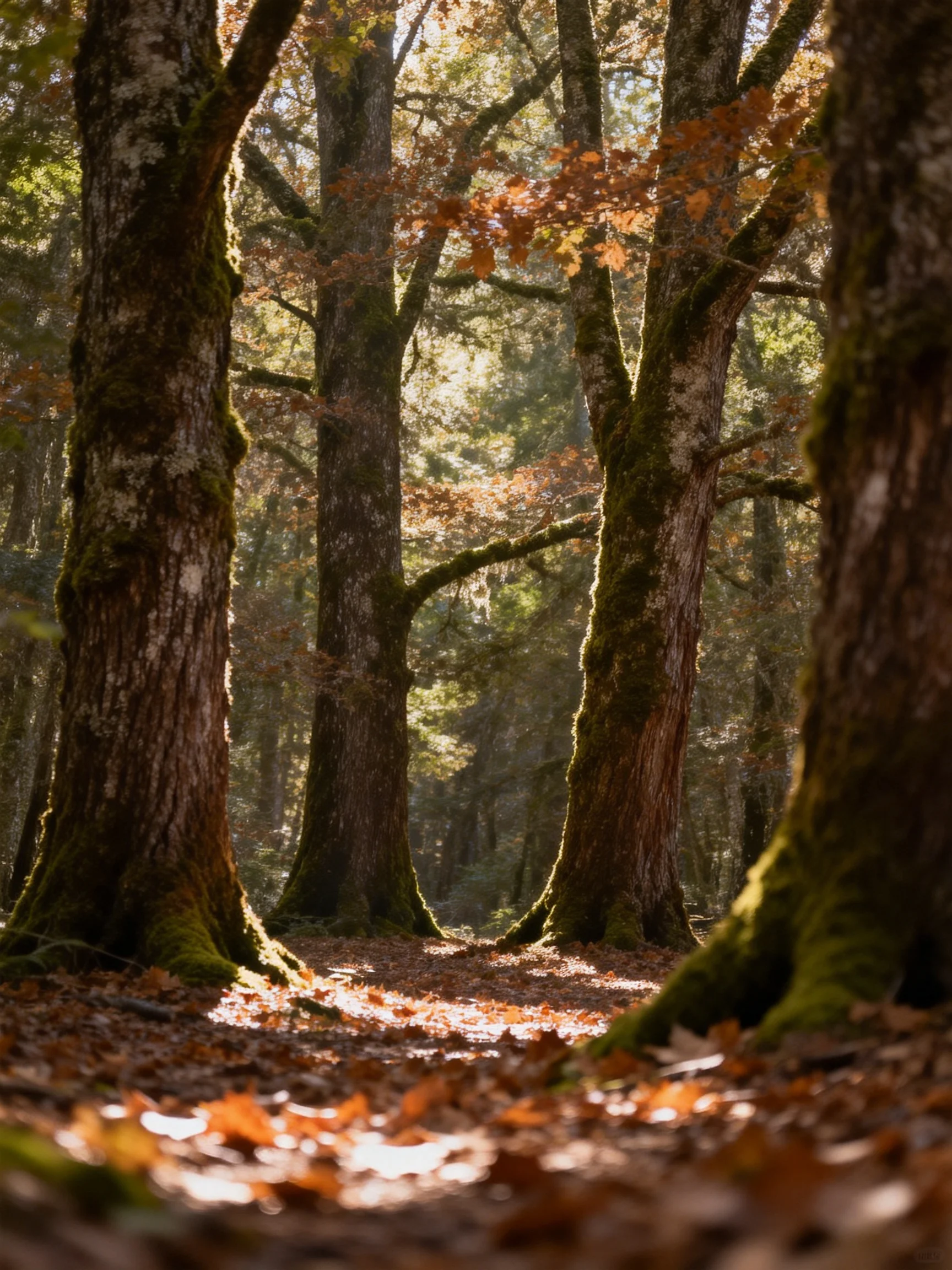 Moss-covered tall trees in sunlit autumn forest