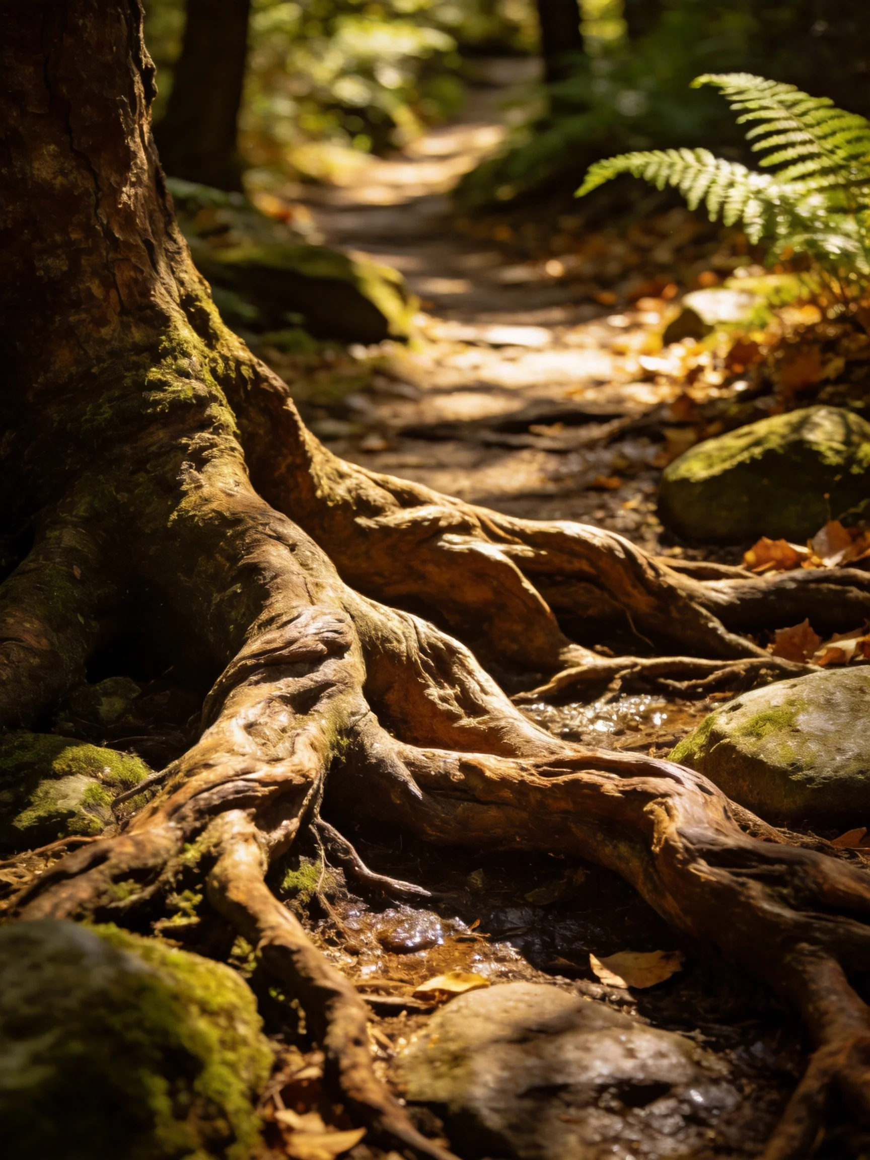 Moss-covered tree roots along a sun-dappled forest trail with ferns