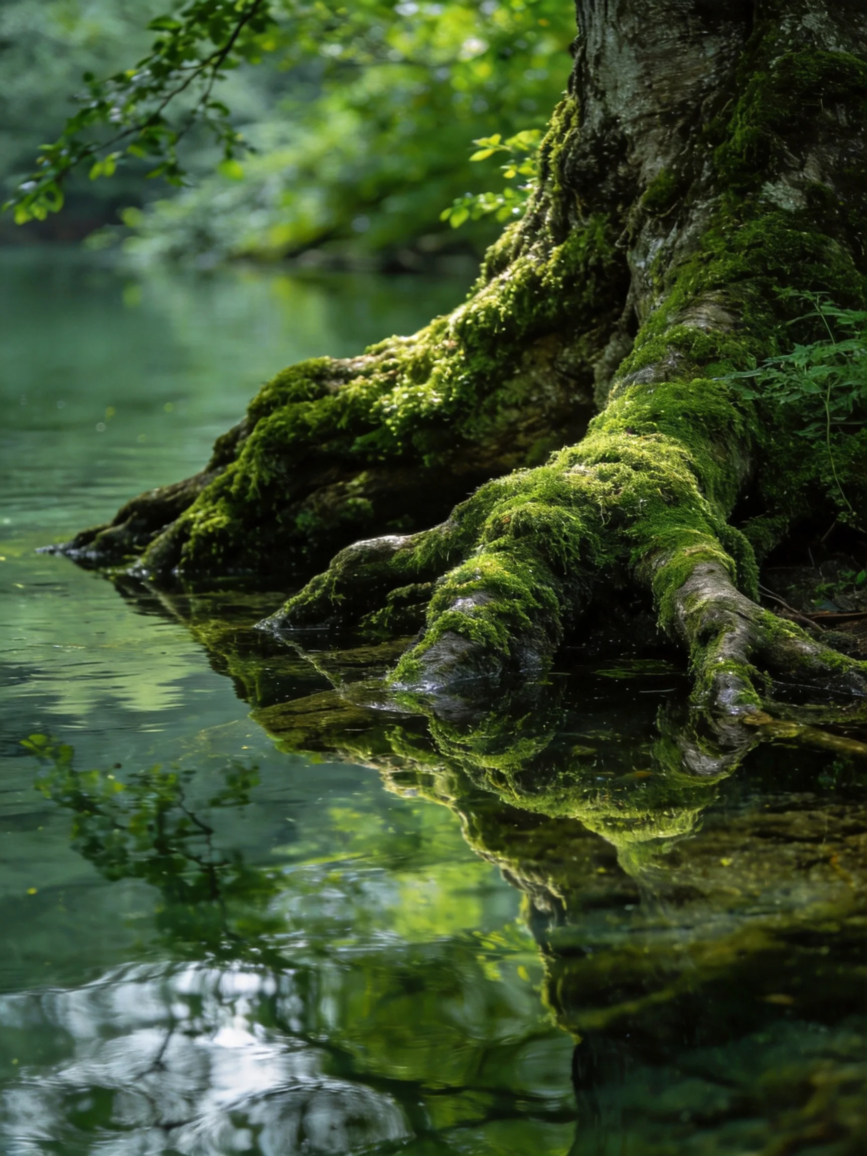 Moss-covered tree roots extend into clear, reflective water