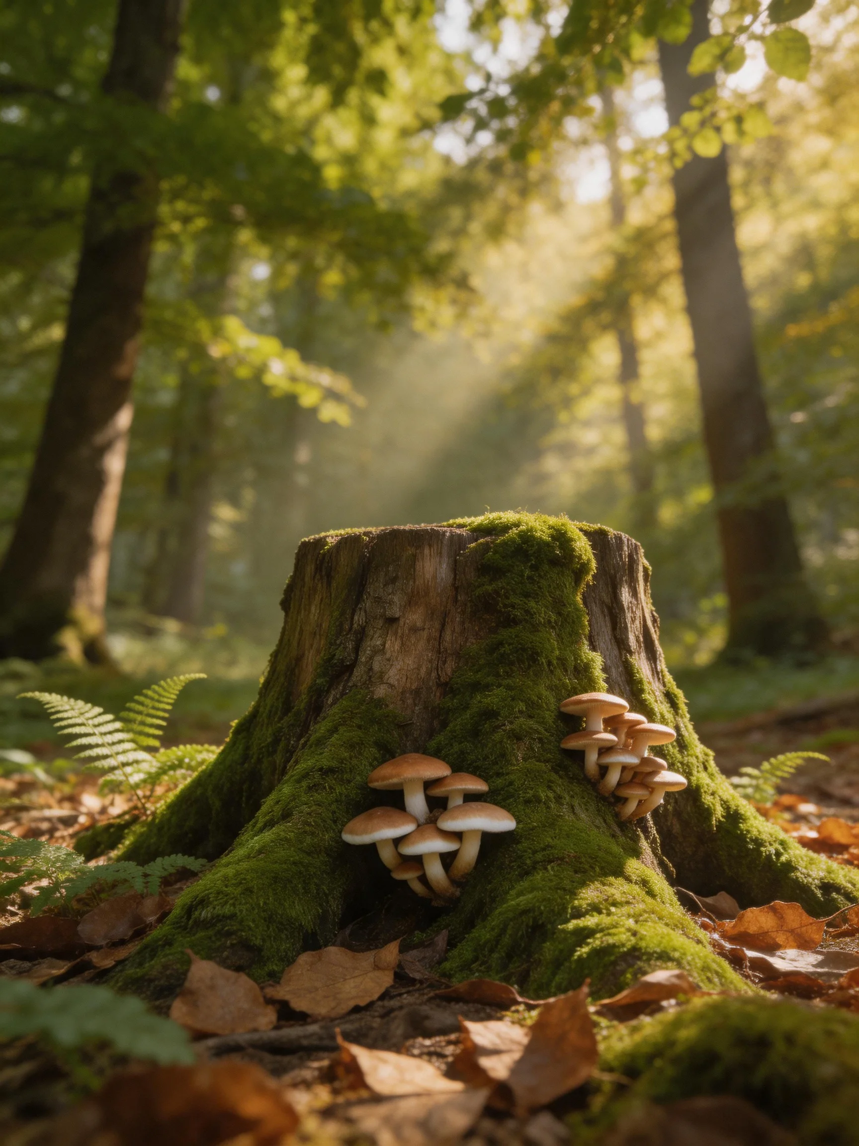 Moss-covered tree stump with clustered mushrooms in sun-dappled forest