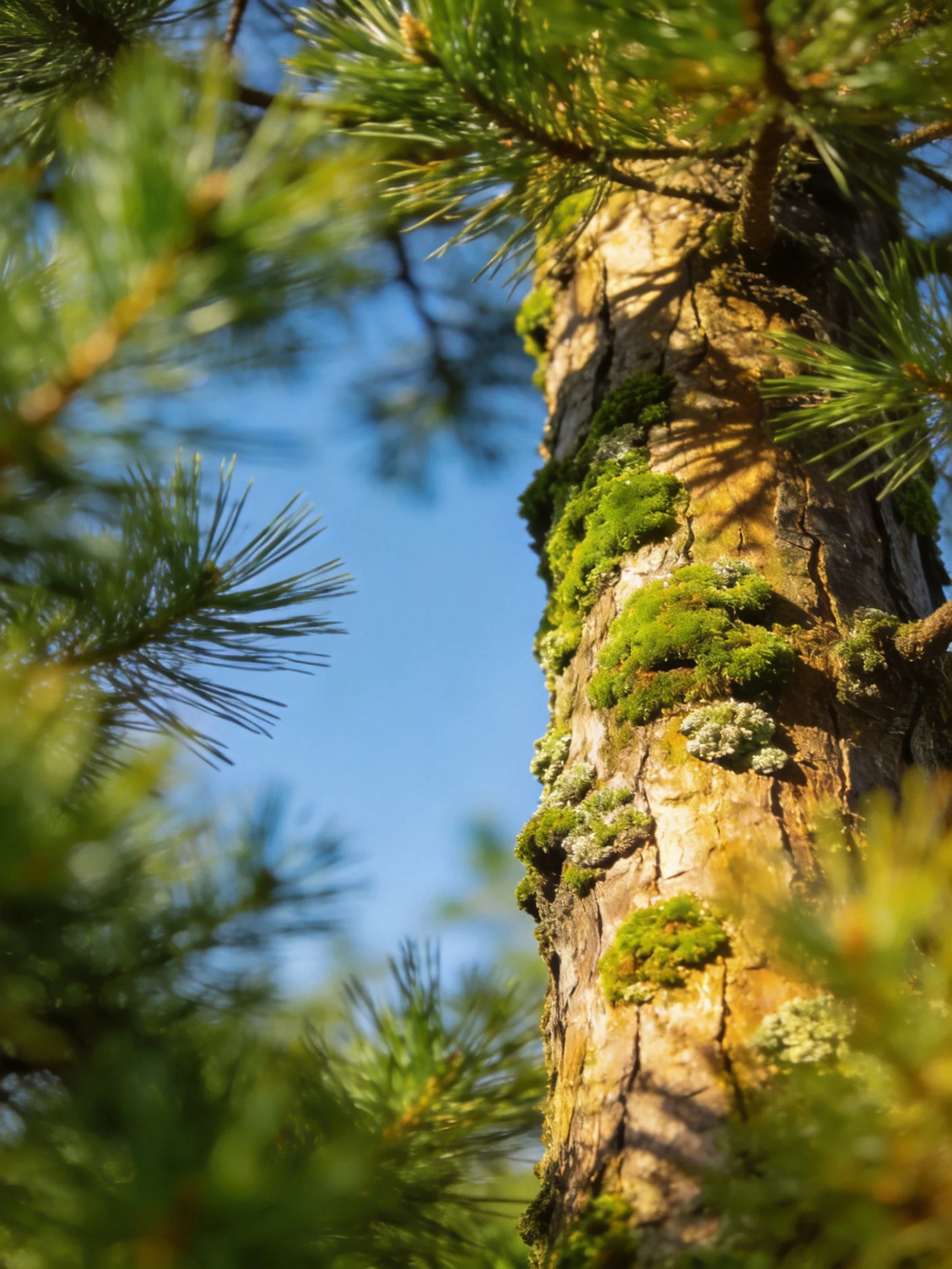 Moss-covered tree trunk amid pine needles under bright blue sky