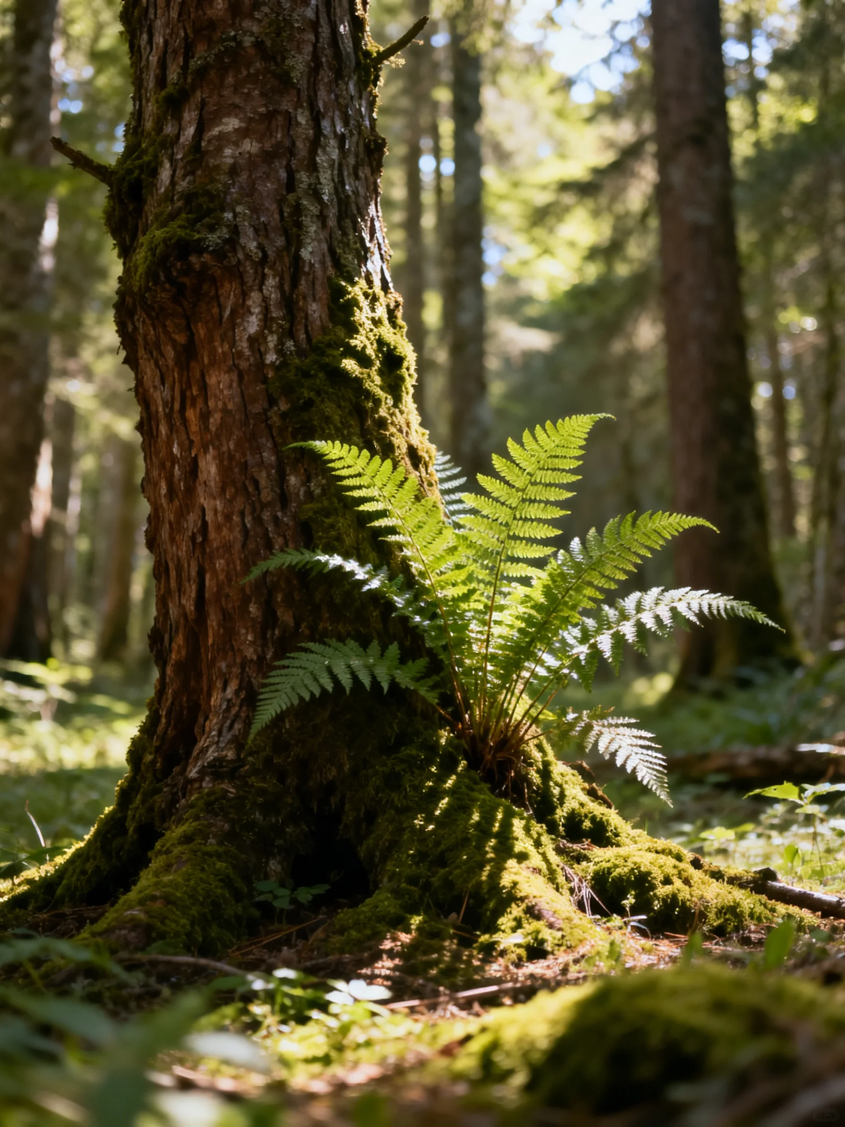 Moss-covered tree trunk with vibrant ferns in sunlit forest