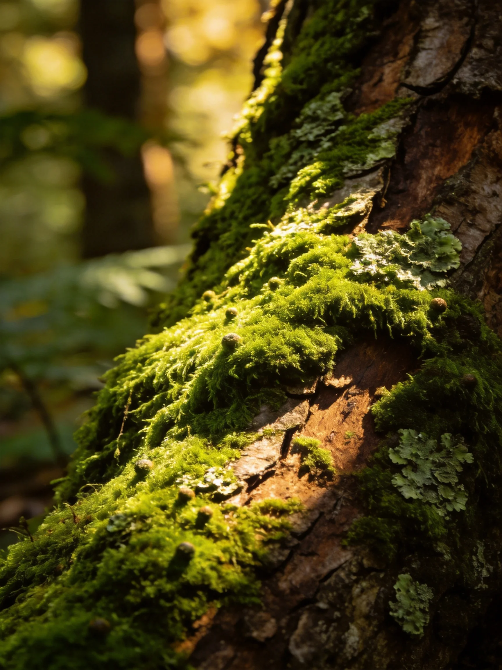 Moss-covered tree trunk with vibrant green moss and lichen in forest light