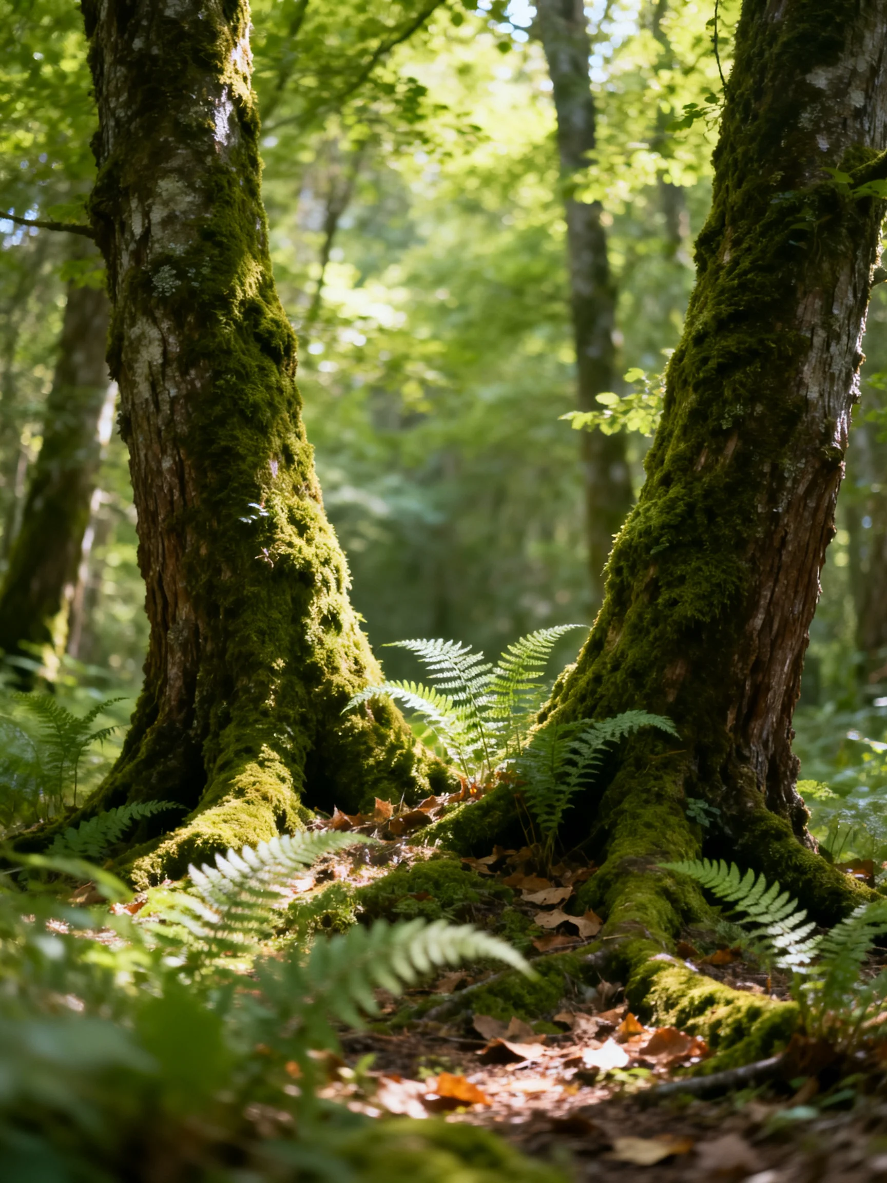 Moss-covered tree trunks and ferns in sunlit forest