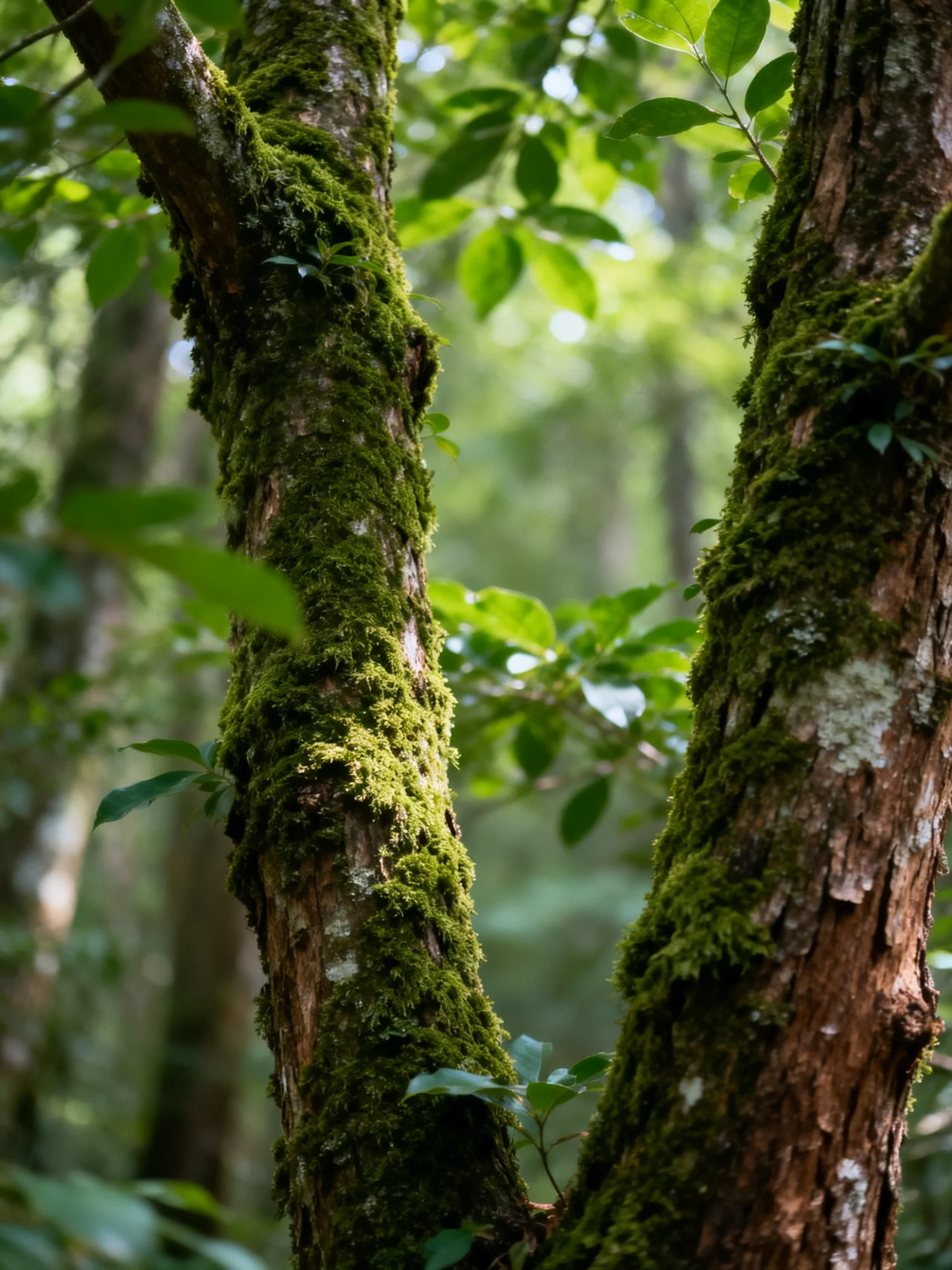 Moss-covered tree trunks in a sun-dappled forest
