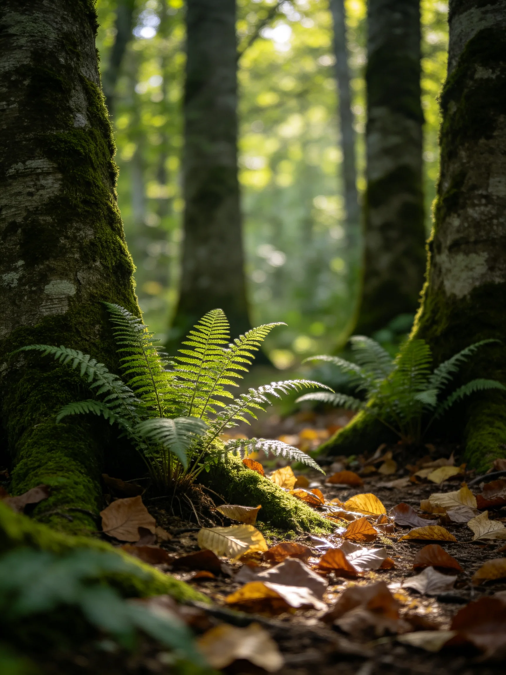 Moss-covered trees frame vibrant ferns amid golden autumn leaves