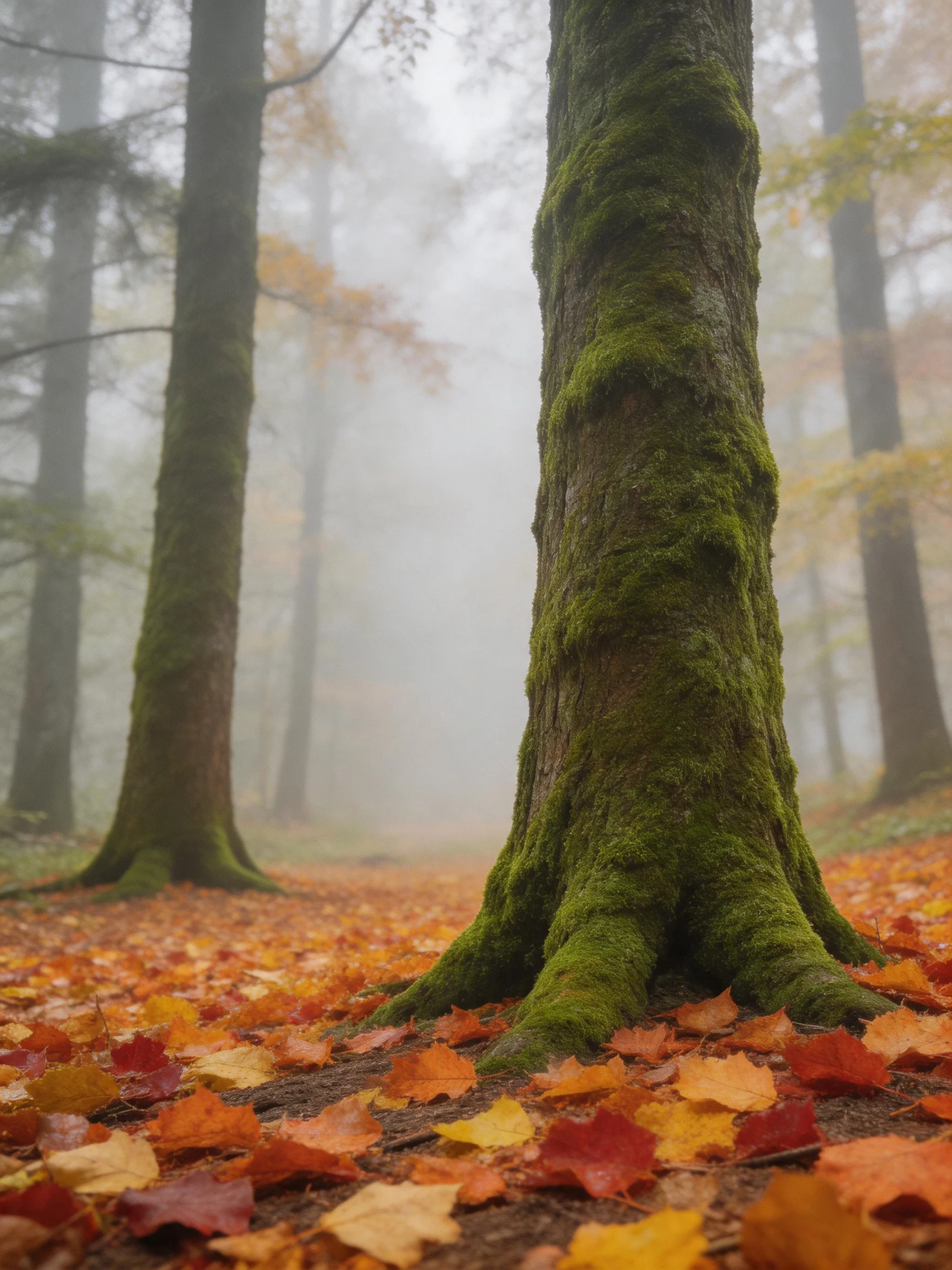 Moss-covered trees stand amid fallen autumn leaves in a misty forest